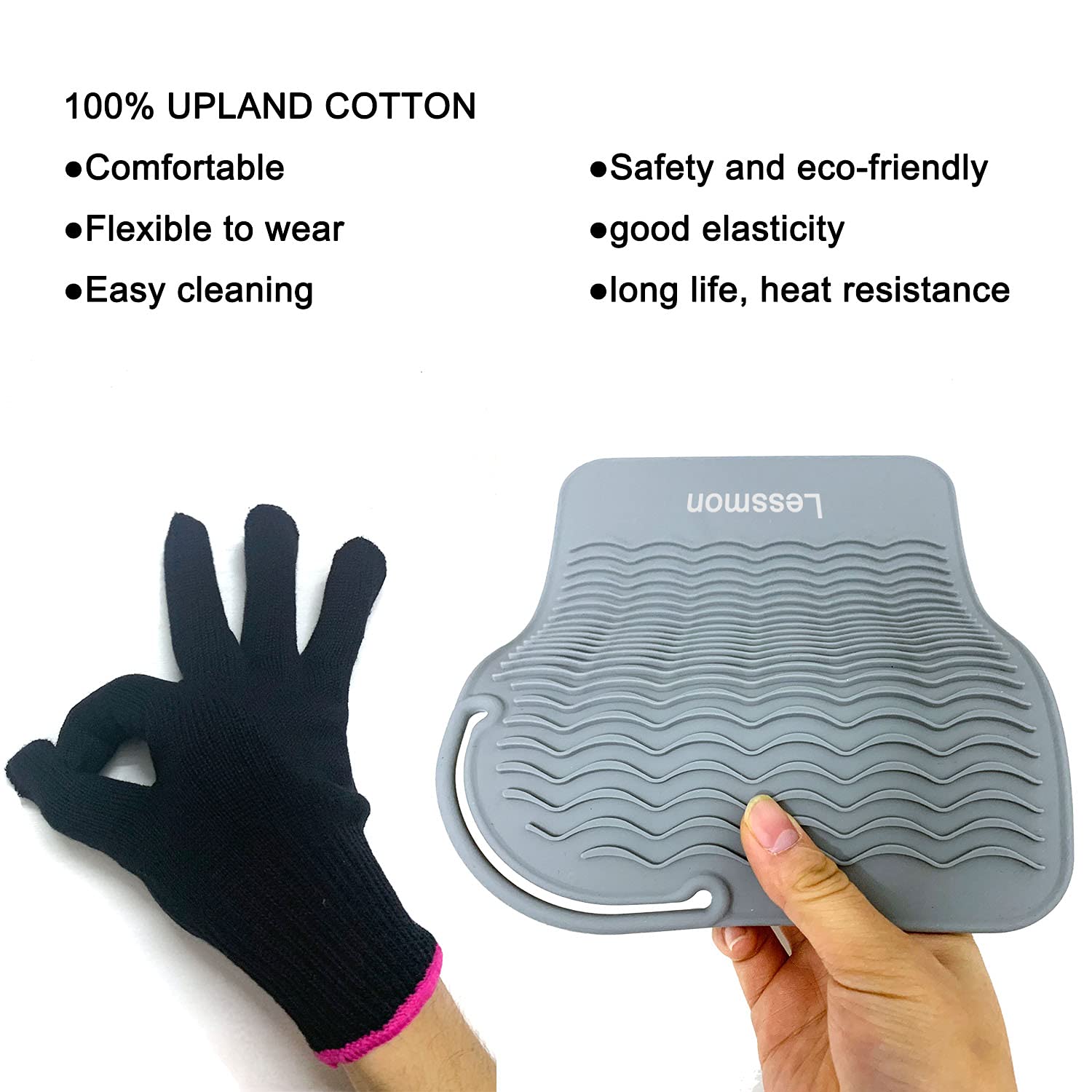 Heat Resistant Travel Mat for Curling Iron & Hair Straightener - 9”x6.5” Gray Counter Protector with Heat Resistant Glove | Perfect for Salon, Home & Travel Styling | Lessmon