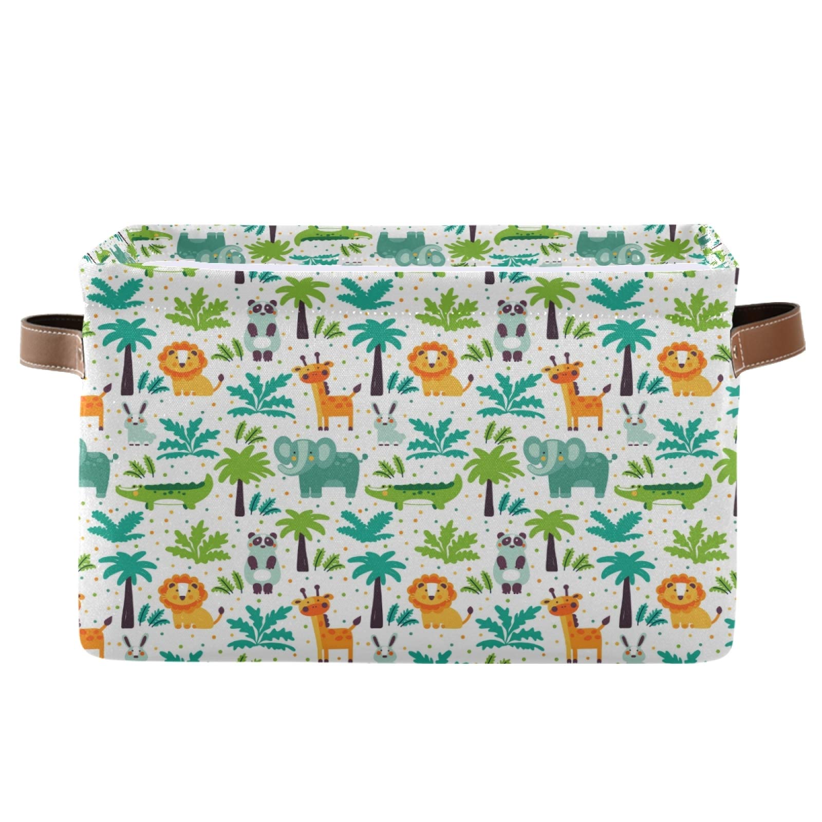 Senya Large Foldable Storage Basket with Handles - Lion, Giraffe & Elephant Pattern Fabric Collapsible Organizer Bin (15x11x9.5 Inch) - Perfect for Baby Toys, Nursery Organization & Home Storage Solutions