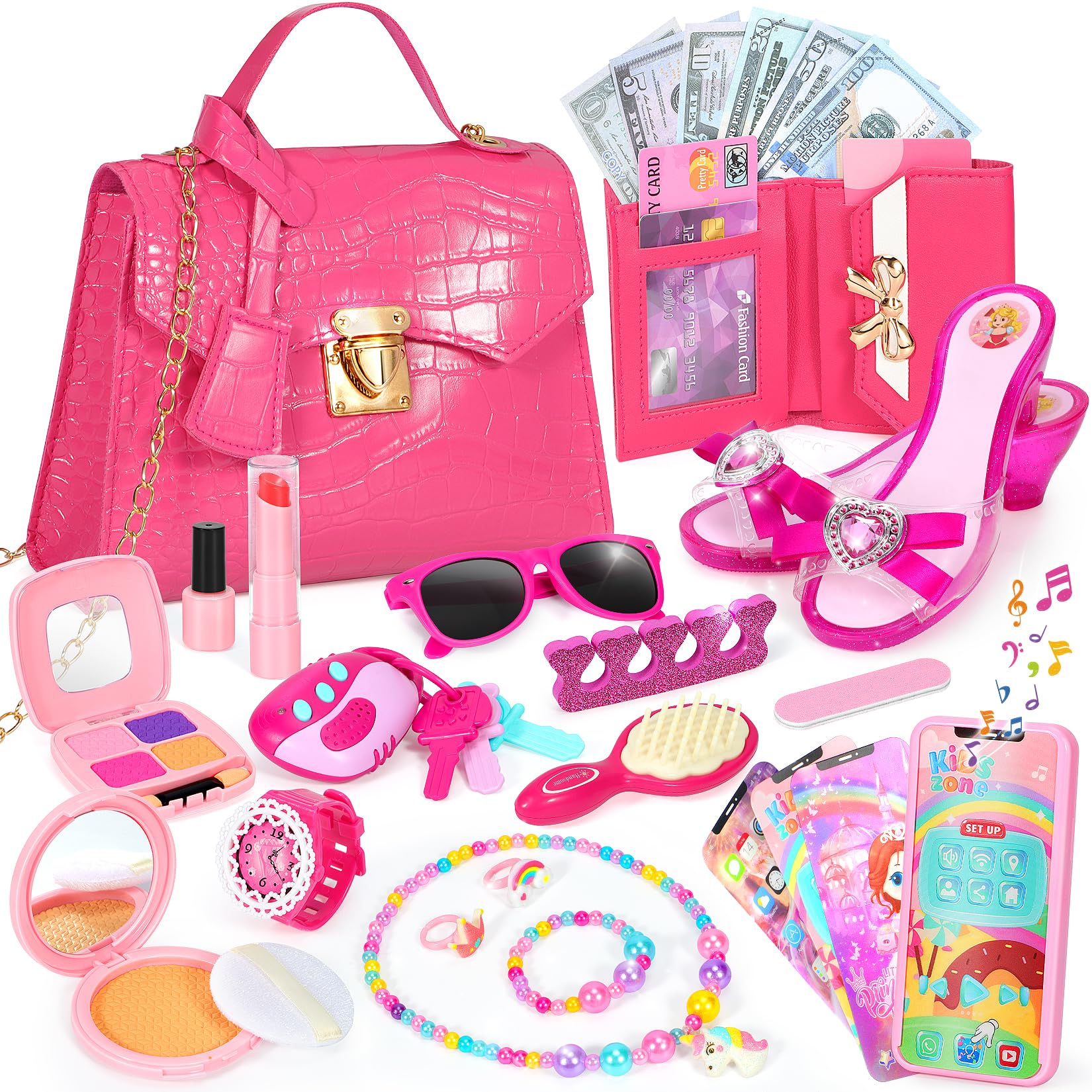 Kids Play Purse Set with Makeup & Jewelry - Dress Up Toy for Girls 3-6