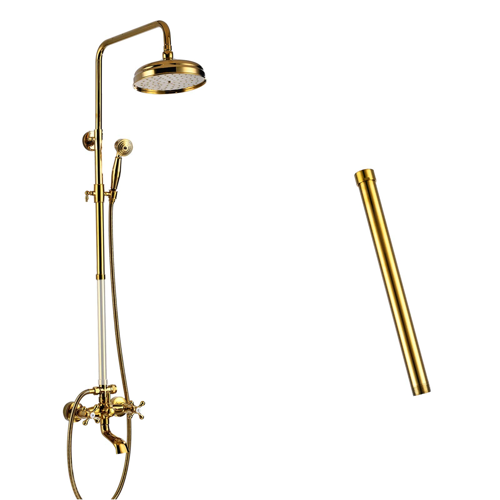 Luxury 8 Inch Gold Polished Rainfall Shower Head System with 2 Cross Knobs & 12 Inch Extension Tube - Premium Bathroom Faucet Kit for Spa-Like Shower Experience