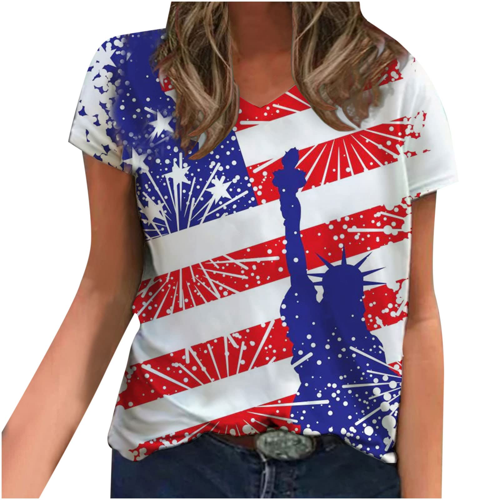 4th of July Women's V-Neck Short Sleeve T-Shirt - Patriotic American Flag Print Summer Casual Top - Perfect for Independence Day Celebrations, BBQ Parties & Festive Outings