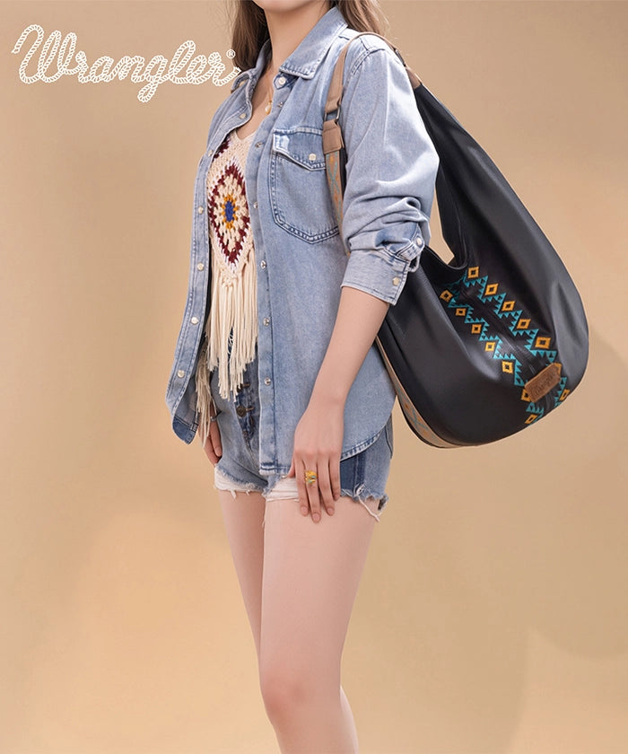 Wrangler Aztec Embroidered Wide Hobo Bag for Women - Stylish Boho Shoulder Purse with Tribal Pattern - Perfect for Casual Outings, Music Festivals & Travel Accessories