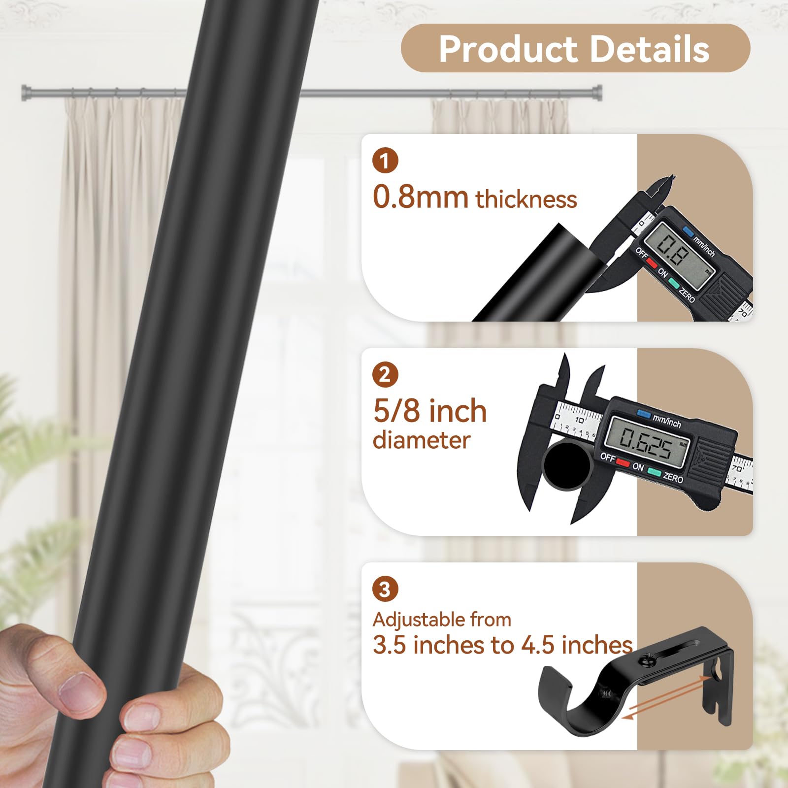 Black Curtain Rods for Windows 28-48 Inches (2.3-4ft) - 5/8 Inch Diameter Heavy Duty Metal Small Curtain Rod with Brackets - Modern Decorative Drapery Rod for Living Room, Bedroom & Office Window Treatments