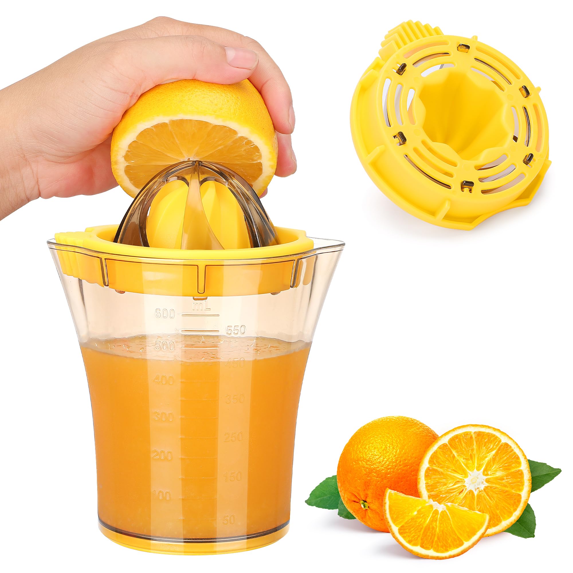600ml Manual Citrus Juicer - Handheld Lemon, Orange & Lime Squeezer with 20oz Capacity - Yellow Kitchen Gadget (3.4x5.1x15.9 inches) - Perfect for Fresh Juice, Cocktails & Healthy Drinks