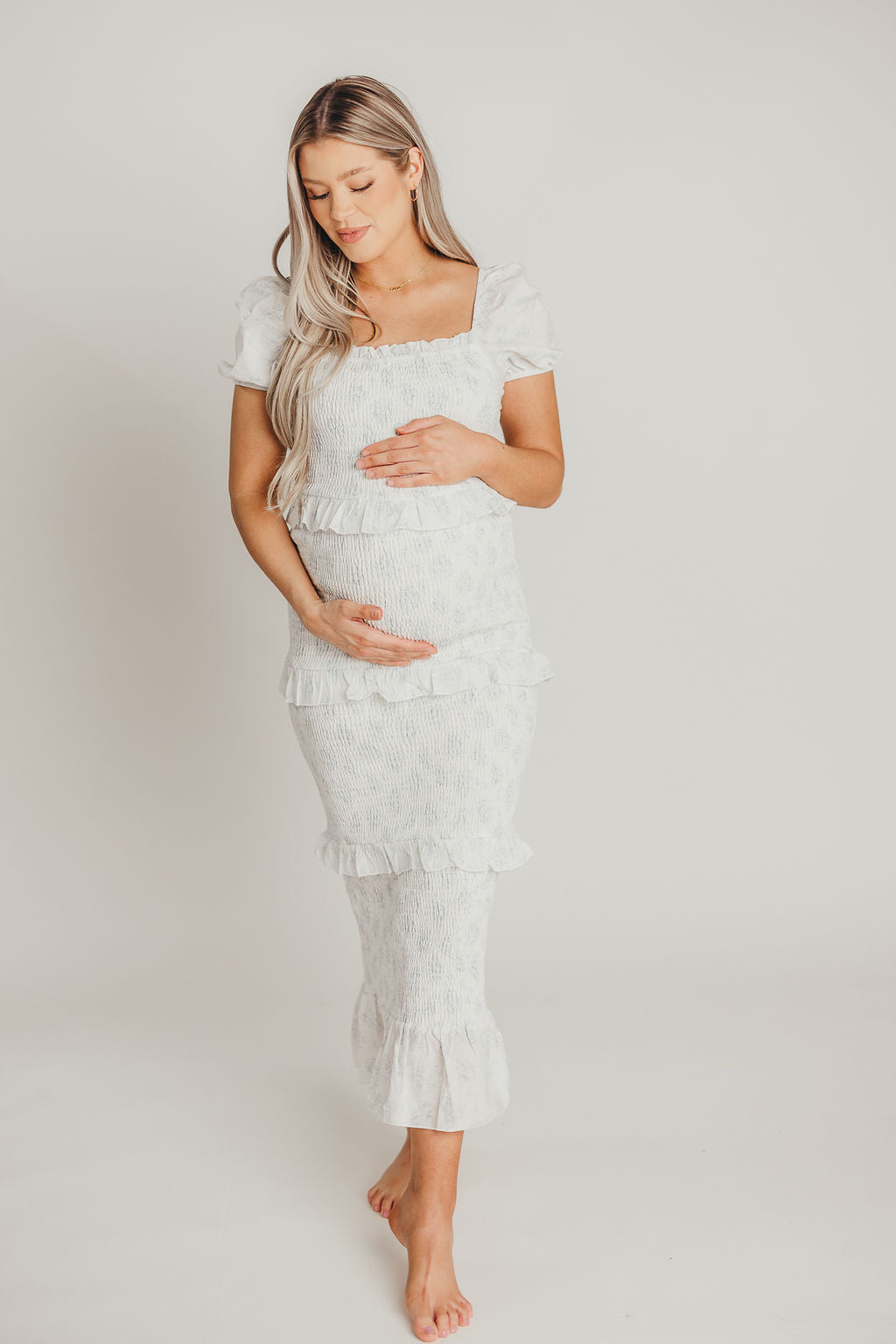 Ada Smocked Dress in Blue Floral - Bump Friendly Maternity Dress with Inclusive Sizing (S-3XL) | Perfect for Baby Showers, Bridal Events & Summer Weddings