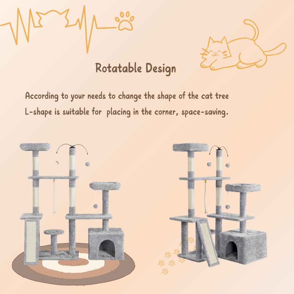 Yaheetech 53.5in Rotatable Cat Tree Tower for Indoor Cats - Multi-Level Climbing House with Scratching Posts, Cat Furniture Play Center in Light Gray - Perfect for Small Spaces & Playful Kittens