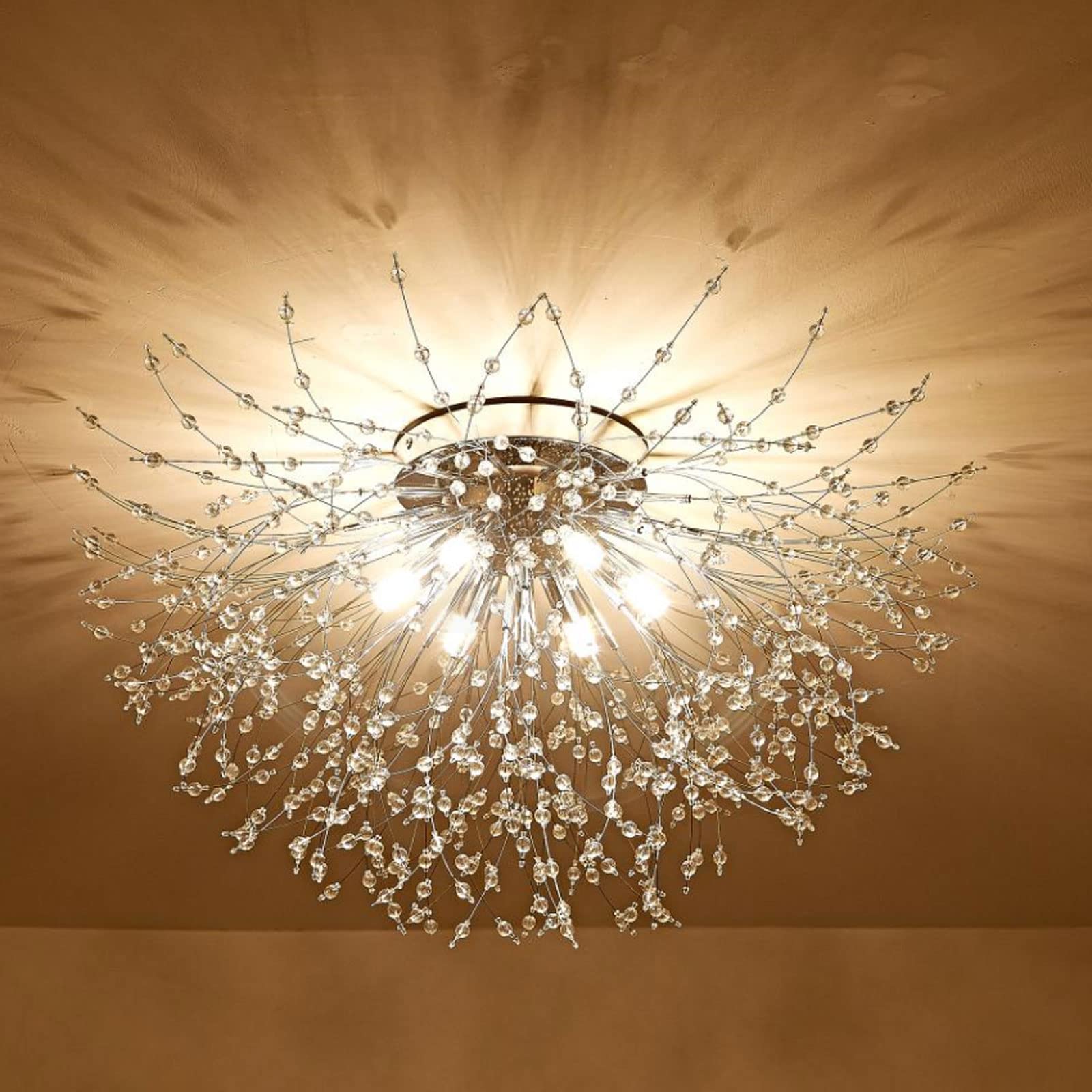 Modern 8-Light Chrome Crystal Sputnik Chandelier LED Ceiling Fixture - Close-to-Ceiling Design for Bedroom, Kitchen Island, Living Room & Girls Room | Elegant Lighting for Dining Areas, Hallways & Home Decor