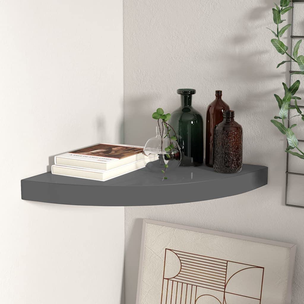 Floating Corner Shelves Set of 2 - Modern Wall Mounted Open Display Storage for Bathroom, Living Room, Kitchen - High Gloss Gray MDF (13.8