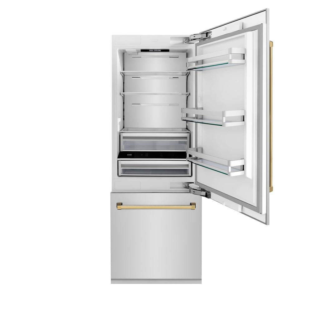 ZLINE Autograph Edition 30-inch 16.1 cu. ft. Built-In Bottom Freezer Refrigerator with Water Dispenser & Ice Maker - Stainless Steel with Polished Gold Accents (RBIVZ 304 30 G) - Perfect for Modern Kitchens & Luxury Homes