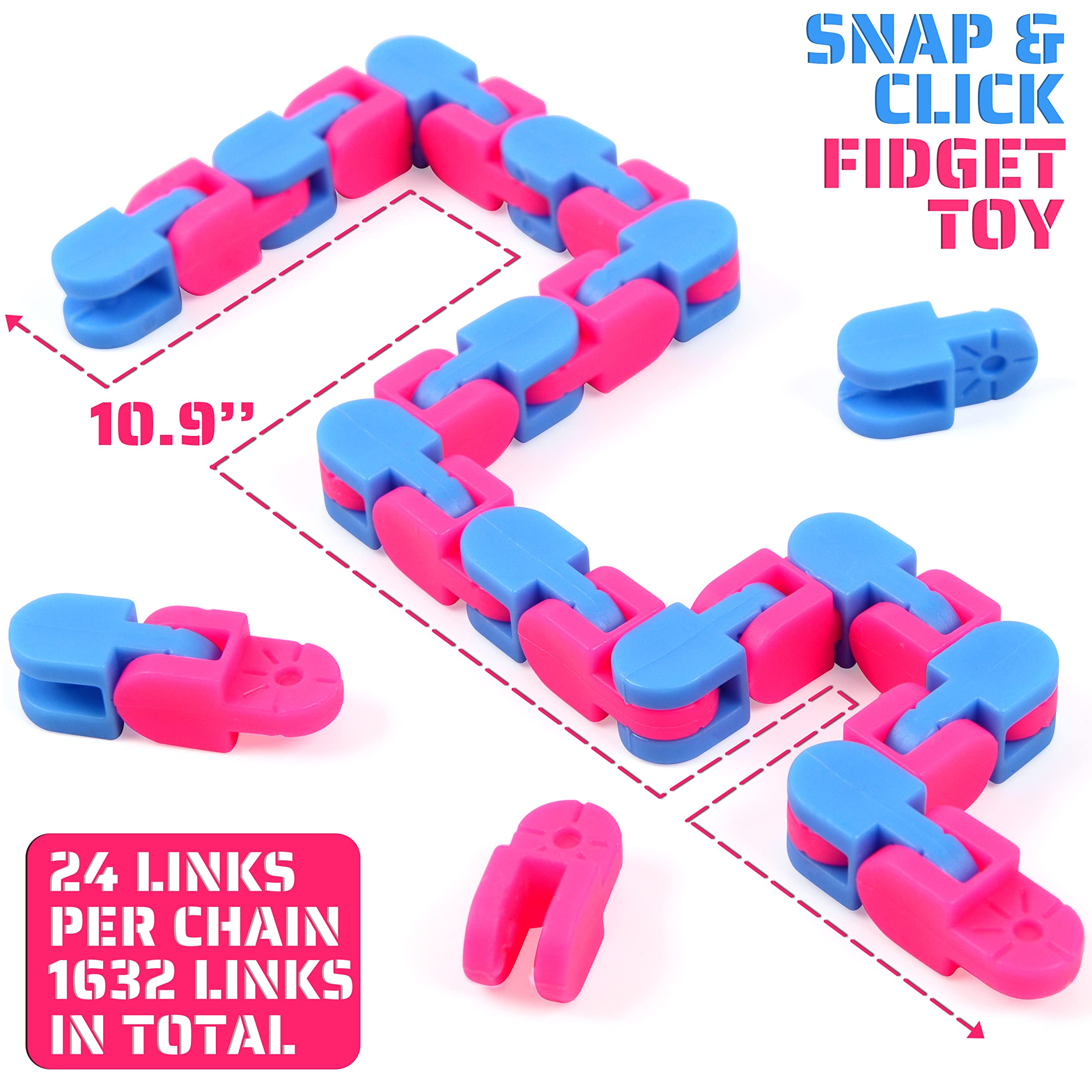 68 Pack 24 Links Wacky Tracks Snap and Click Fidget Toys - Sensory Stress Relief Toys for Kids & Adults, Plastic Chain Snake Puzzle for Anxiety Relief, Birthday Party Favors - Perfect for Classrooms, Travel & Office Focus