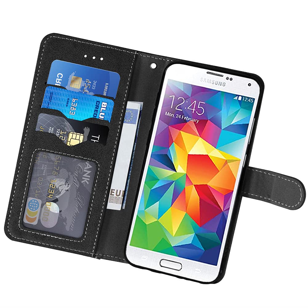 Samsung Galaxy S5 Wallet Case with Card Holder & Stand - Flip Cover with Tempered Glass Screen Protector - Compatible with Galaxy S5 Neo/Galaxy 5S/GS5/G900A/G900T (Black) - Perfect for Business, Travel & Everyday Protection