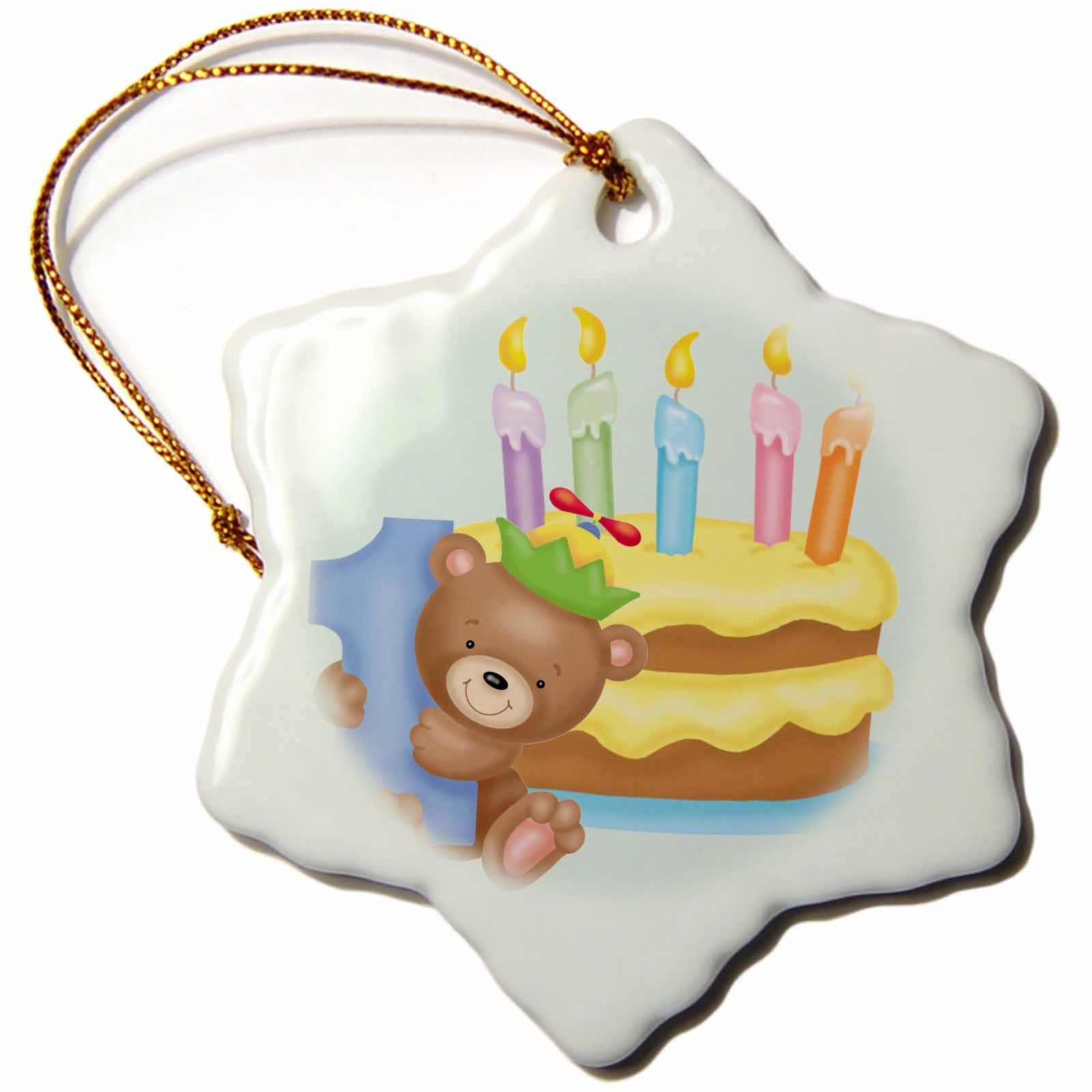 3dRose One Year Birthday Bear Cake and Candles Snowflake Ornament - Porcelain 3-Inch Christmas Tree Decoration for Baby's First Birthday Party Decor