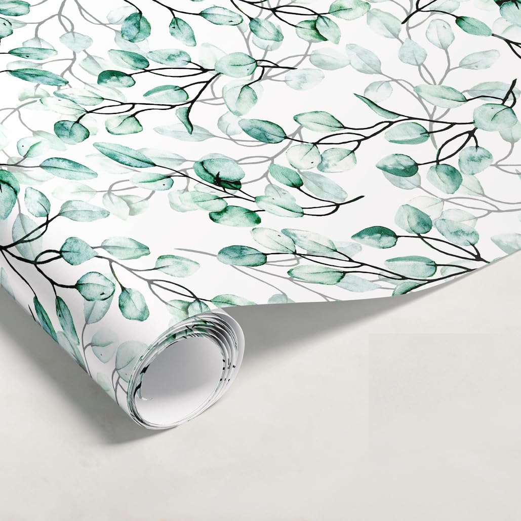 Eucalyptus Wrapping Paper Rolls - Floral Watercolor Gift Wrap for Weddings, Birthdays & Special Occasions | Premium Recycled Kraft Paper for Present Wrapping