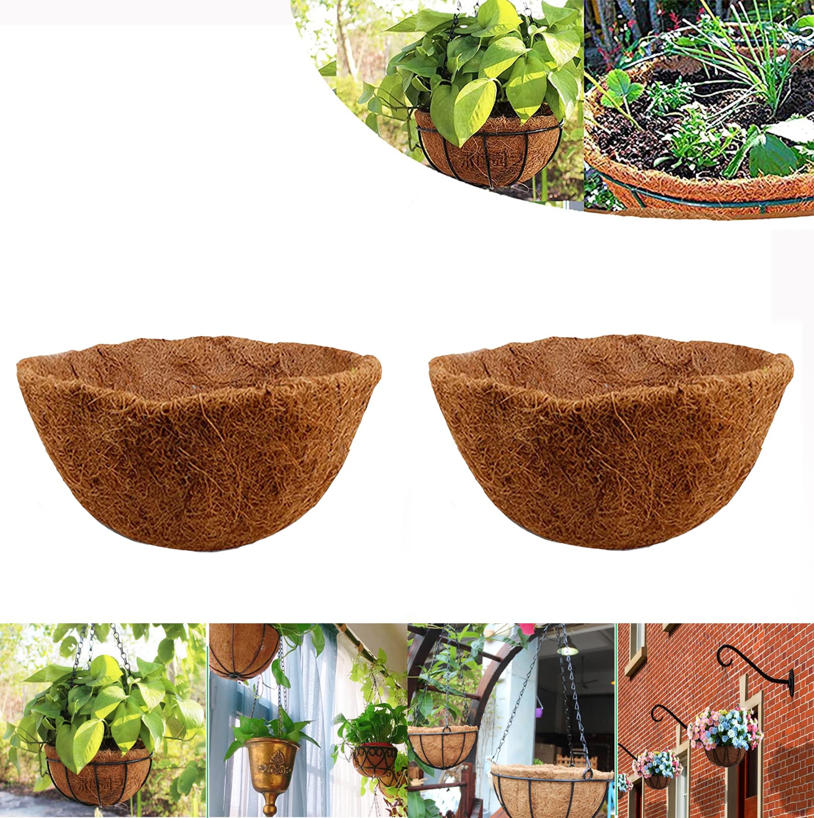 2-Pack 12-Inch Round Coconut Fiber Hanging Basket Liners - Natural Coco Coir Planter Liners for Garden, Flowers, Vegetables & Herbs - Durable & Eco-Friendly Replacement for Hanging Baskets & Pots