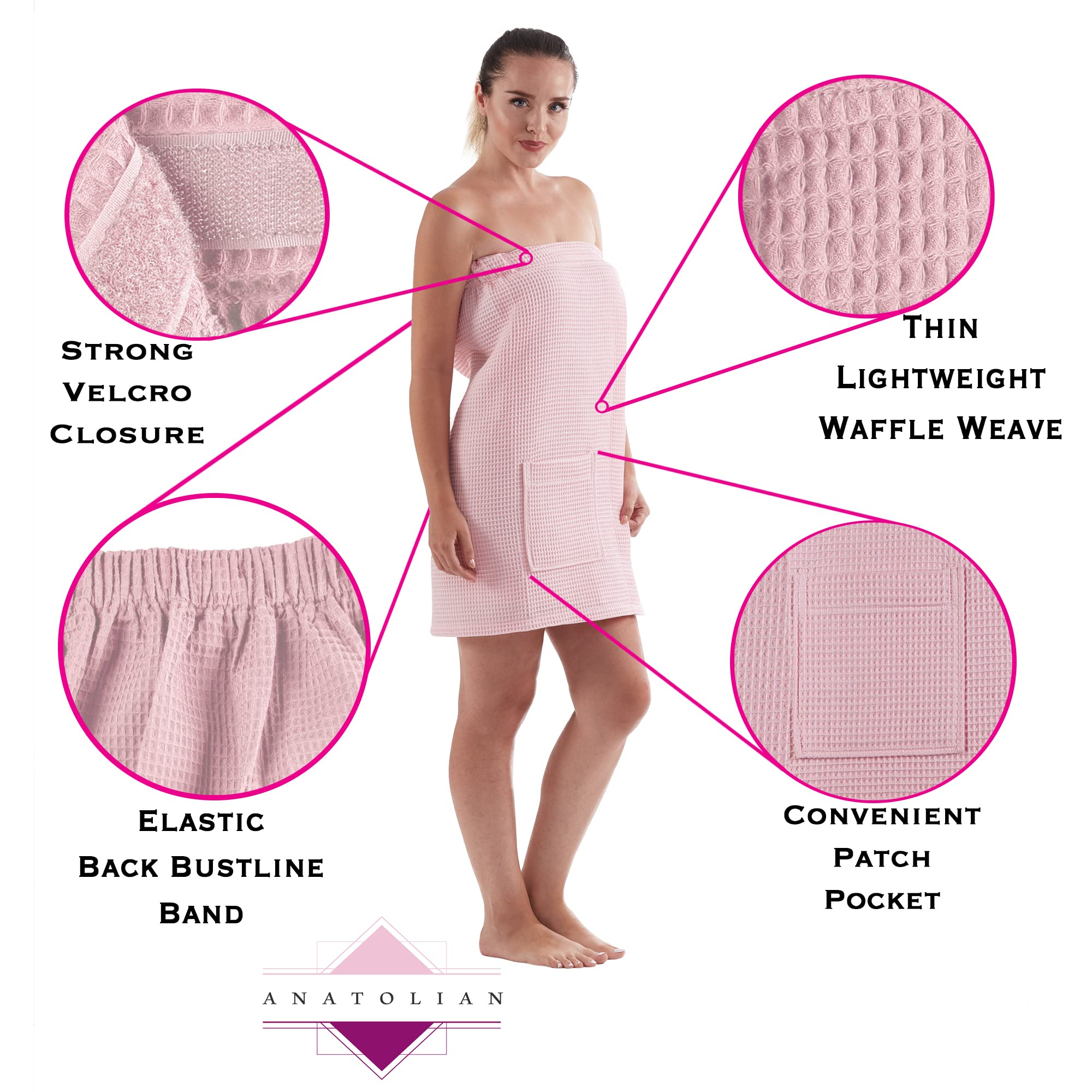 Anatolian Women's Adjustable Thin Waffle Weave Spa Body Wrap - 6 Pack Light Pink Turkish Towels for Bath, Gym & Yoga | Premium Quality Made in Turkey
