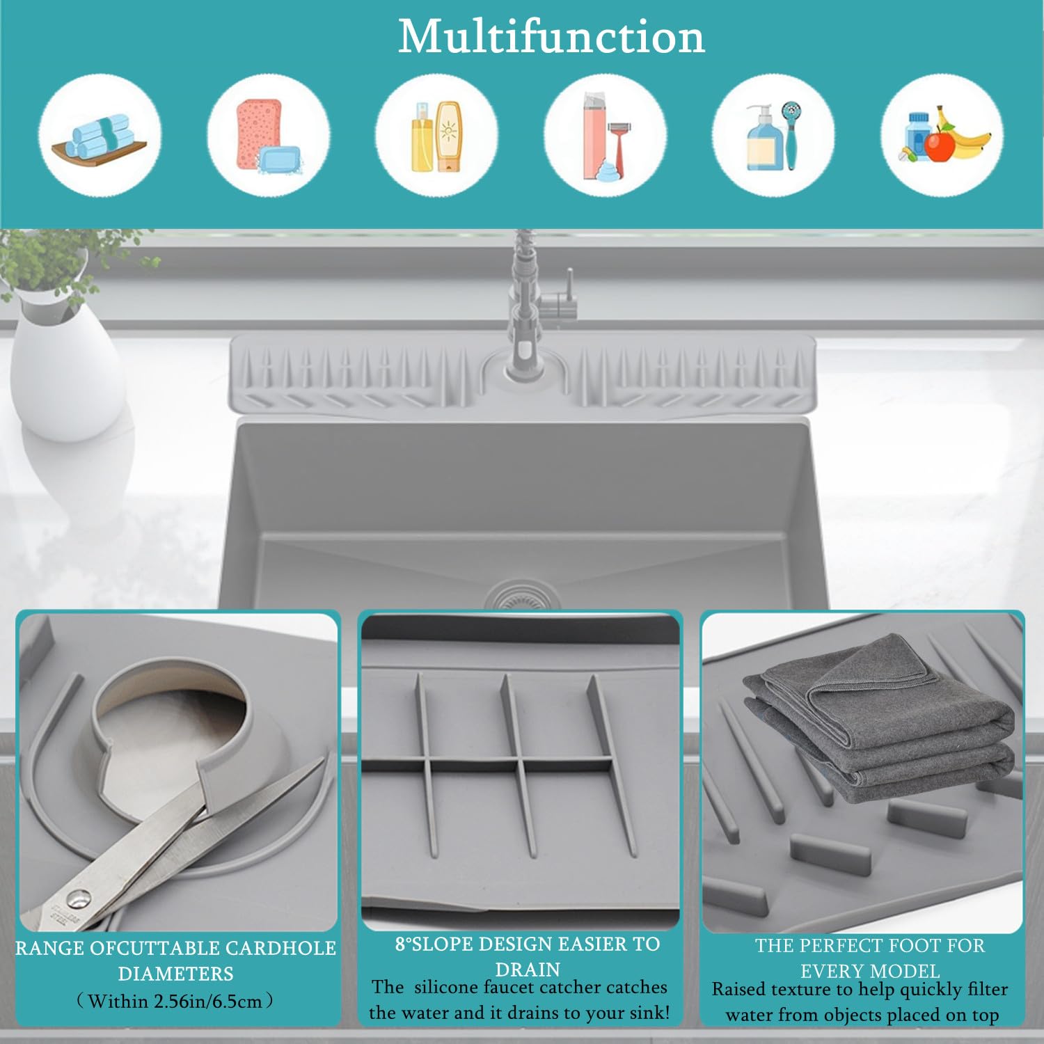24 Inch Foldable Silicone Sink Drain Mat - Non-Slip Kitchen Counter Drip Tray, 90° Bendable Design for Sink, Faucet & Countertop Protection - Perfect for Kitchen, Bathroom, Farmhouse (Black) - Ideal for Dish Drying, Spill Containment & Decorative Use