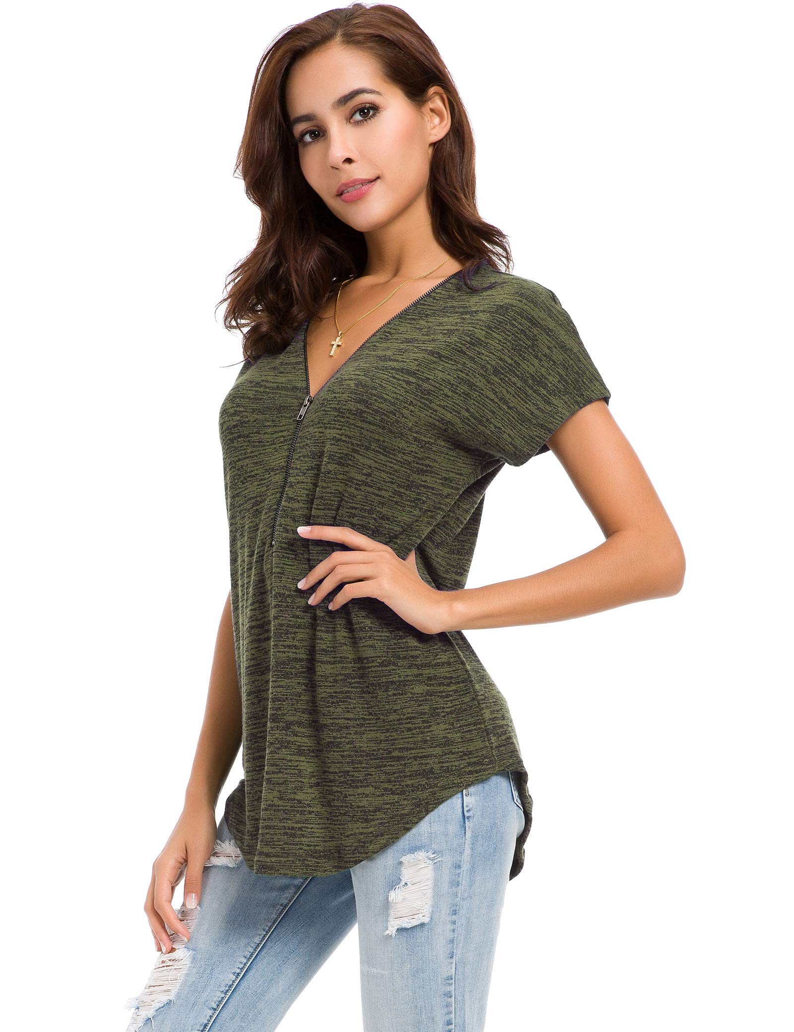 LUSMAY Women's Casual V-Neck Short Sleeve Tunic Top with Zipper - Loose Fit T-Shirt Blouse for Summer, Work & Everyday Wear