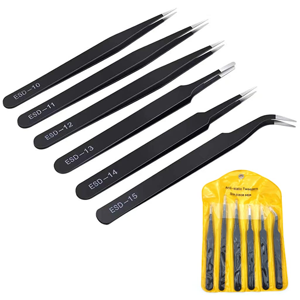HASTHIP® 6-Piece Anti-Static ESD Tweezers Set for Electronics Repair, Jewelry Making & DIY Crafts - Precision Stainless Steel Tweezers for Watch Repair, PCB Work, Cloisonne Art & Small Parts Handling
