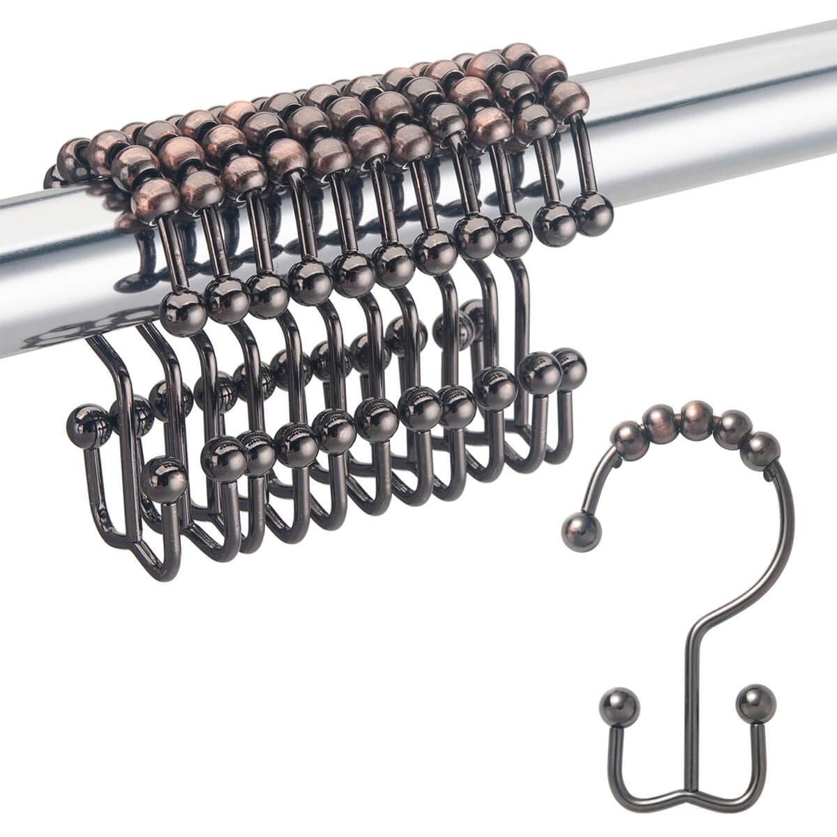 Rust-Resistant Bronze Shower Curtain Hooks - 12 Pack Metal Double Glide Roller Rings for Bathroom Curtain Rods | Durable & Smooth Sliding for Daily Shower Use