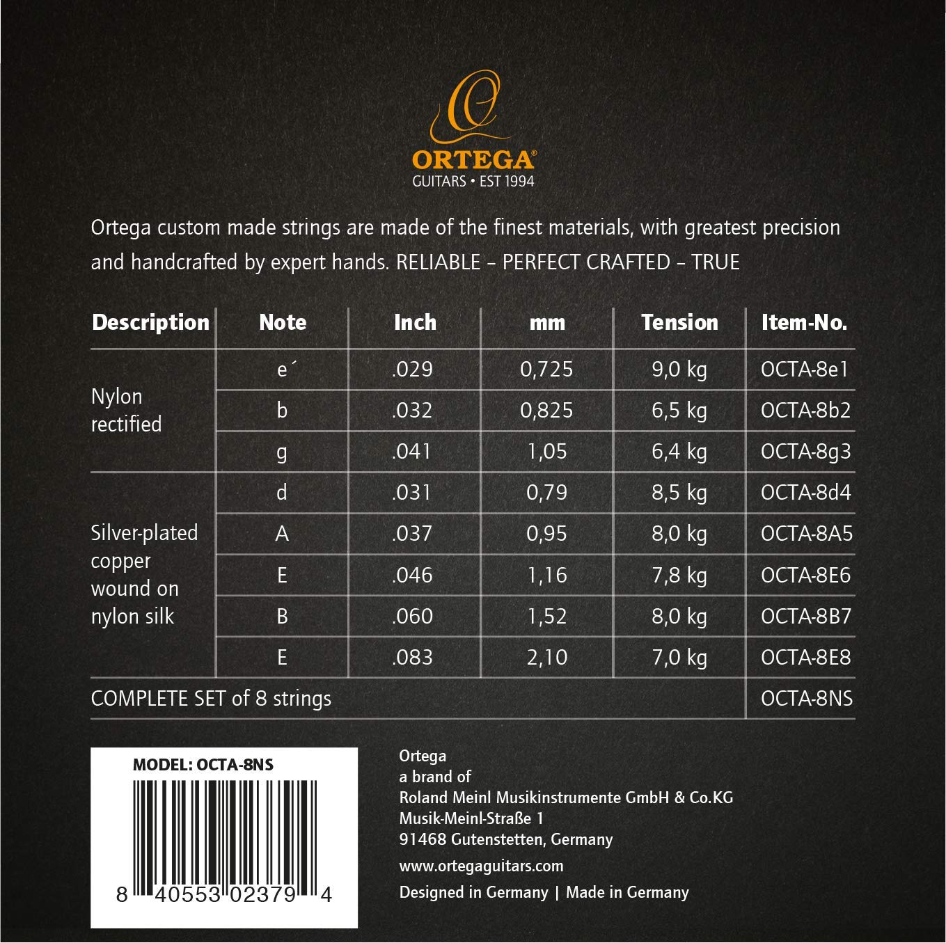 Ortega OCTA-8NS 8-String Nylon Classical Guitar Strings for Tenor Ukulele | Premium Quality Made in Germany | Perfect for Flamenco, Folk & Fingerstyle Playing