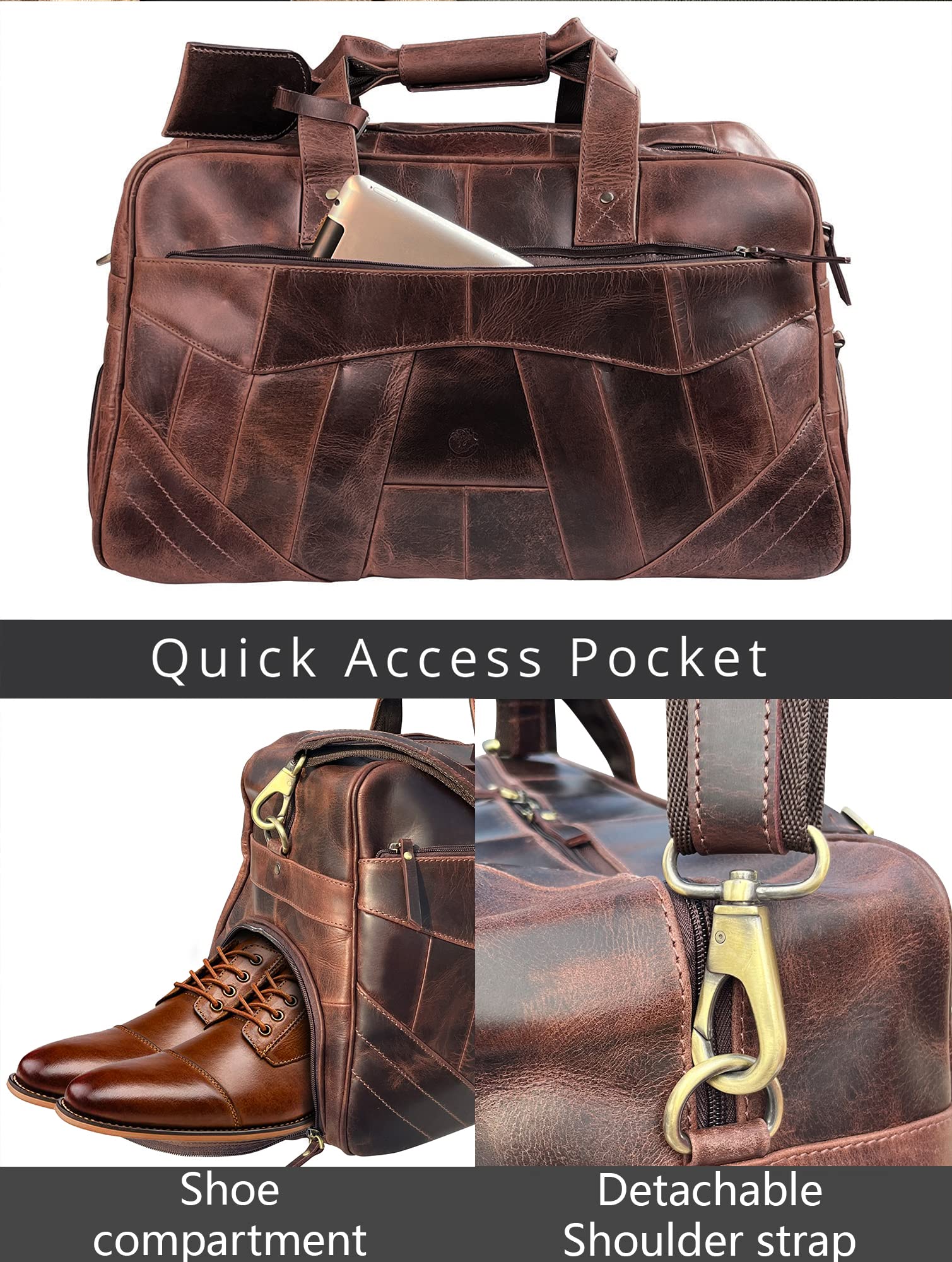 Premium Men's Leather Duffle Bag - Waterproof Travel & Gym Weekender with 2 Shoe Compartments - Airplane Underseat Carry On Luggage for Business Trips, Weekend Getaways & Sports Gear Storage