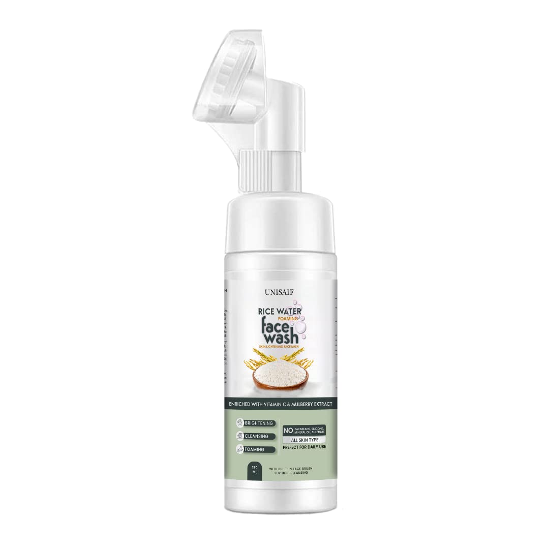 Unisaif Rice Water Foaming Face Wash & Cleansing Brush Set - 150ml for Oily, Dry Skin, Acne, Anti-Aging & Pigmentation | Gentle Exfoliating Facial Cleanser with Rice Extract | Perfect for Daily Skincare Routine & Travel