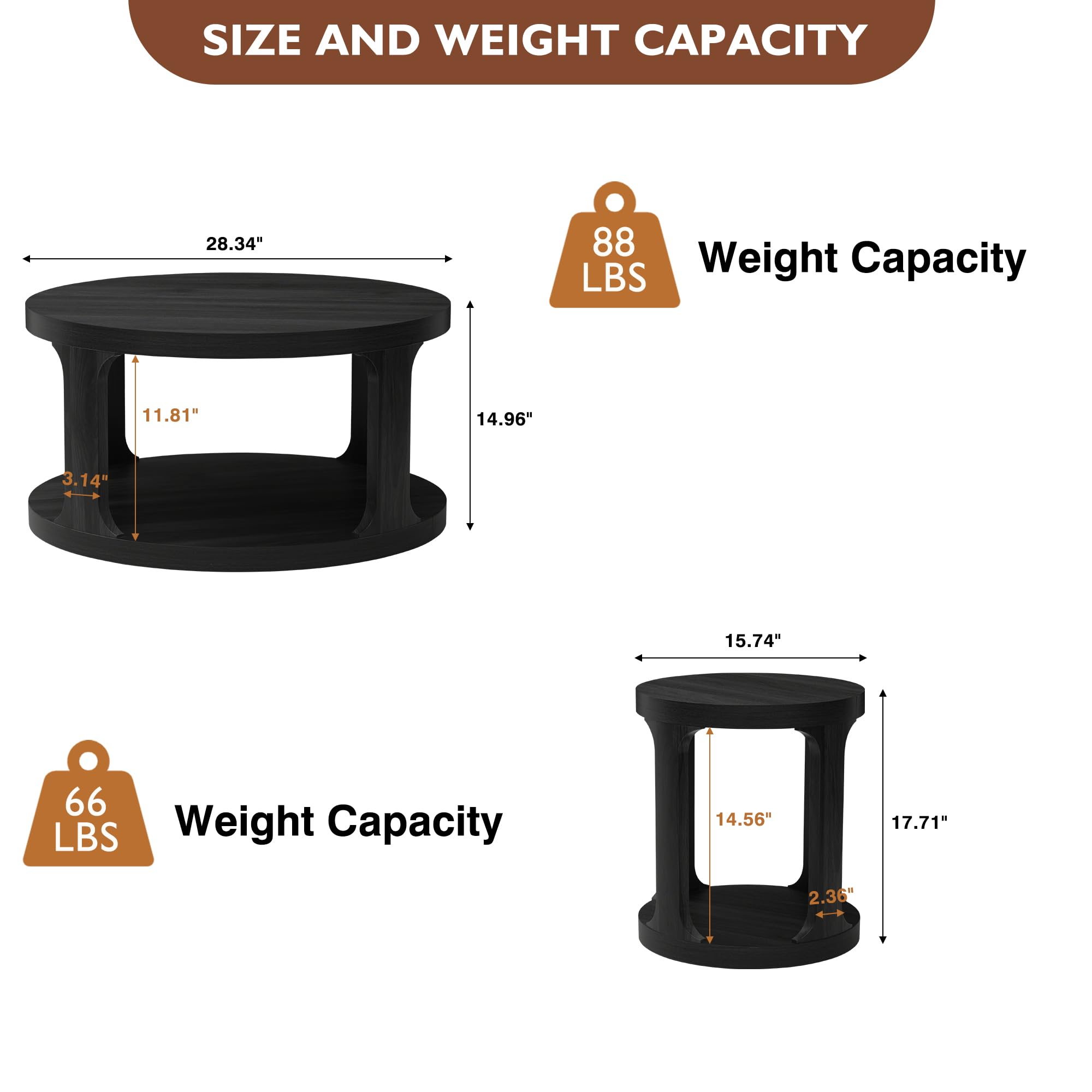 2-Piece Round Coffee Table and End Table Set with 2-Tier Storage - Modern Accent Side Tables for Living Room, Bedroom or Office (Black) - Perfect for Small Spaces & Home Decor