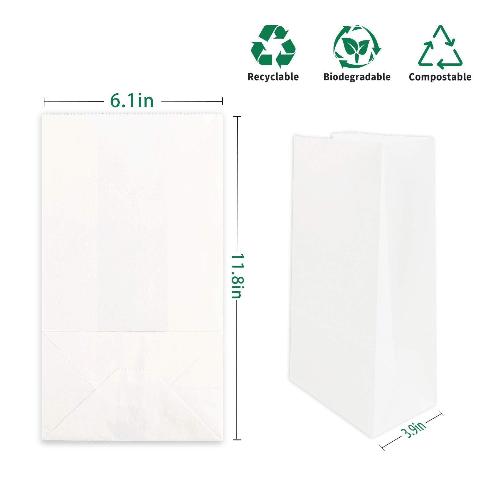 50-Pack White Kraft Paper Lunch Bags 6Lb (6.1x3.9x11.8 Inches) - Durable Eco-Friendly Grocery, Bakery, Sandwich & Party Favor Bags - Bulk Food Storage, Gift Wrapping & Shopping Bags for Restaurants, Cafes & Home Use