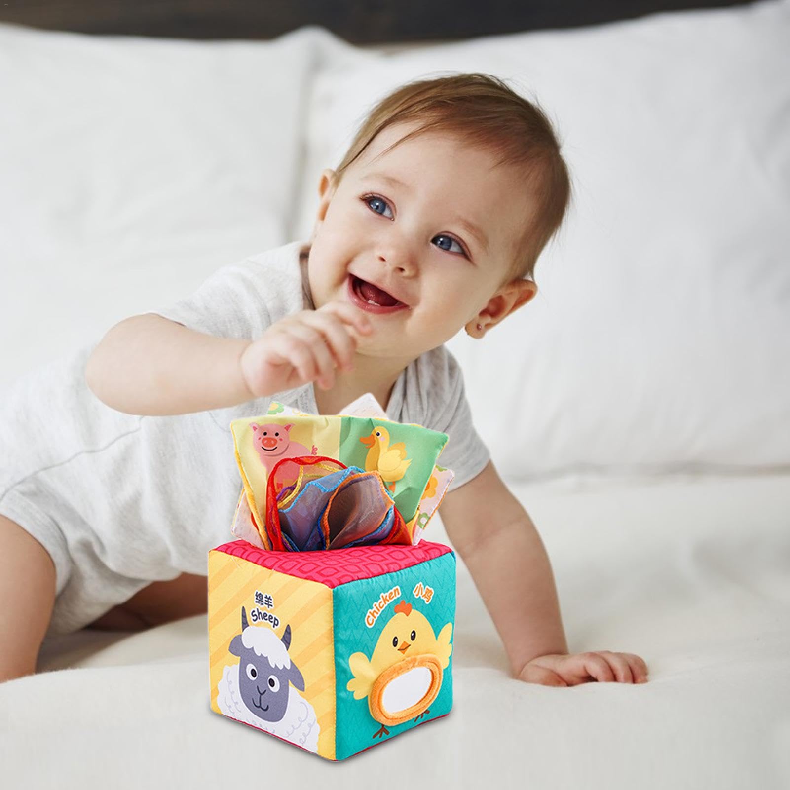 Crinkle Paper Sensory Toy Box for Babies 0-2 Years | Soft Silk Scarves & Tissue Paper Early Learning Activity | Montessori Educational Toys for Infant Development - Perfect for Tummy Time, Sensory Play & Baby Shower Gifts