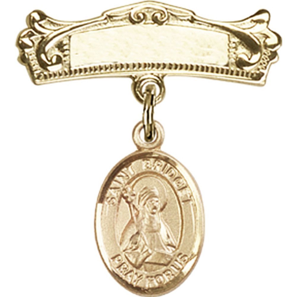 Gold Filled Baby Badge with St. Bridget of Sweden Charm - Arched Polished Pin 7/8