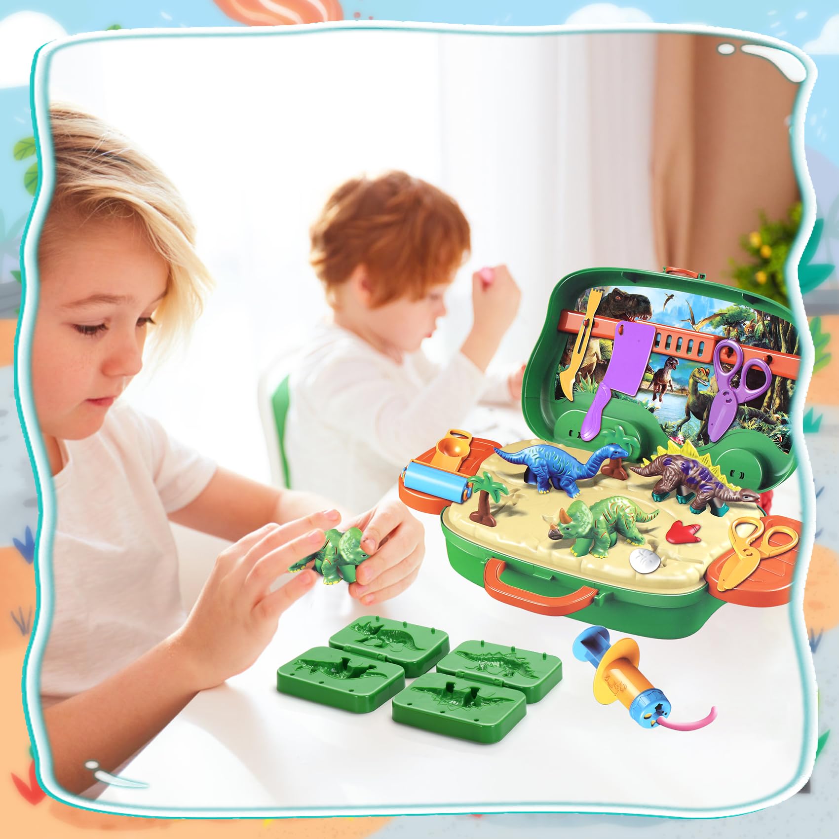 DIY Play Dough Dinosaur Toys Kit - 24-Piece Clay Pretend Play Set with Molds & Portable Storage Case - Creative Educational STEM Toys for Kids Ages 3-8 - Perfect for Birthday Gifts, Classroom Activities & Sensory Play