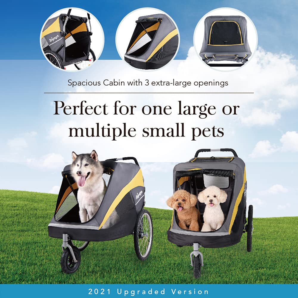 Ibiyaya Hercules Large Dog Stroller for Big Dogs & Cats - Foldable Pet Carrier with Spacious Interior & Air-Filled Tires for Smooth Ride - Black & Yellow - Perfect for Outdoor Walks, Vet Visits & Shopping Trips