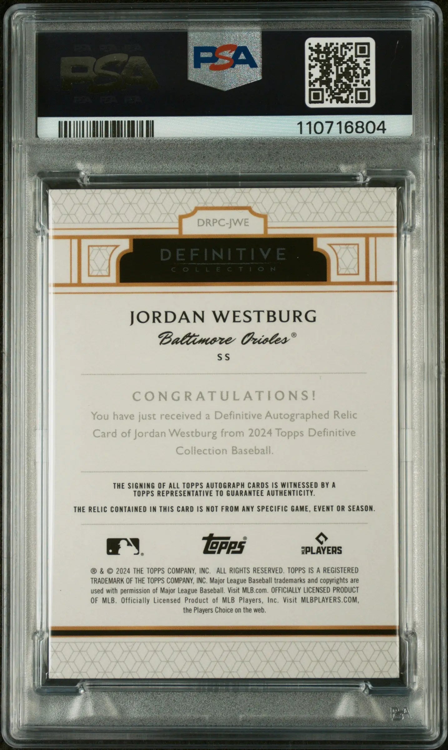 2024 Topps Definitive Collection Rookie Patch Auto Jordan Westburg PSA 9 /50 - Limited Edition Baseball Card for Collectors & Investors - Perfect for Display, Trading, and Portfolio Growth