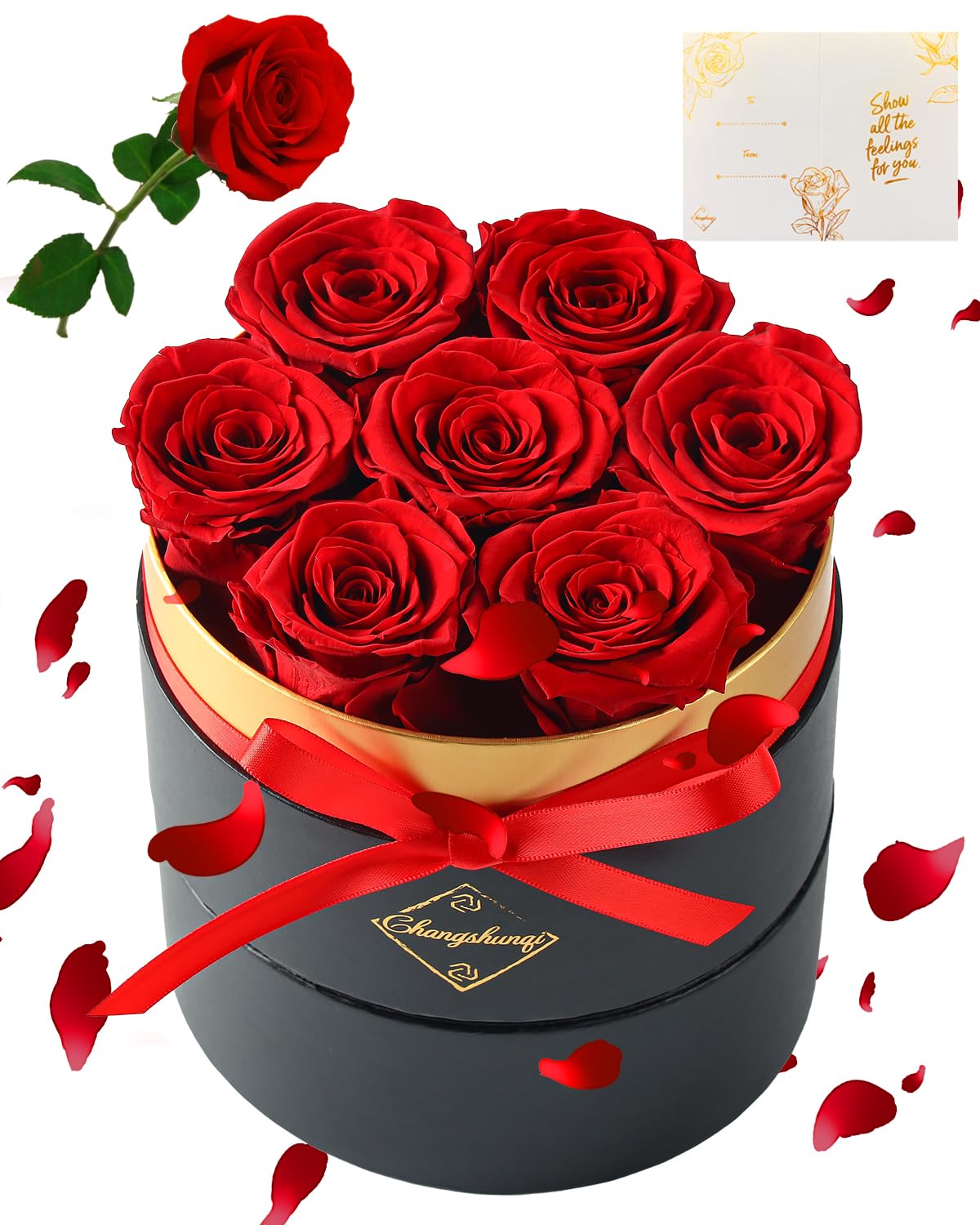 Changshunqi Forever Preserved Roses in a Box - 7 Long-Lasting Roses (2-3 Years) | Eternal Rose Gift for Women, Wife, Mom | Birthday, Anniversary, Mother's Day Flowers | Perfect for Home Decor, Wedding Centerpieces & Romantic Surprises