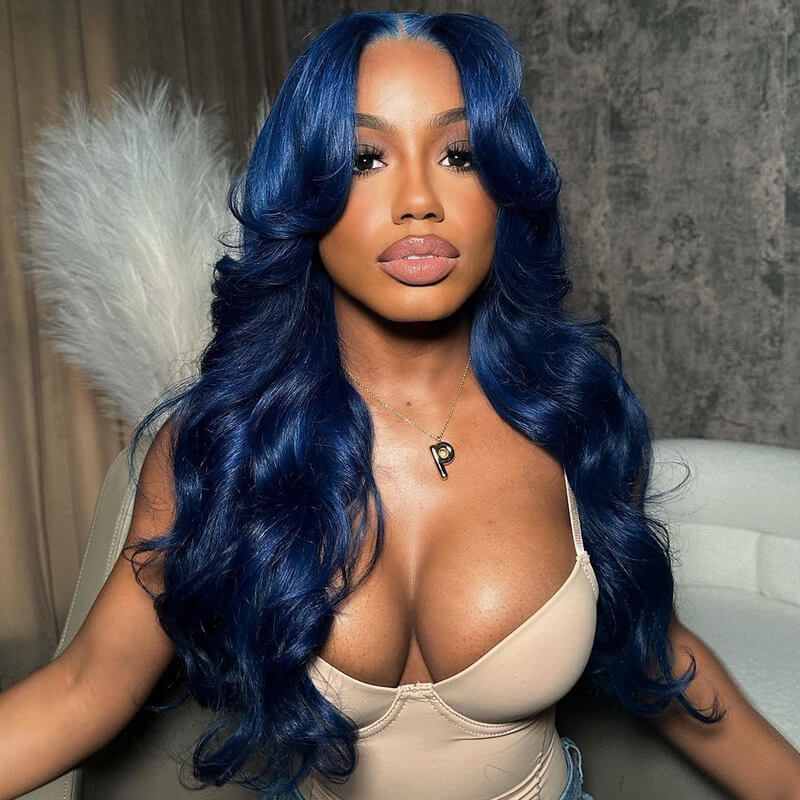 Eullair Pre-Colored Blue 99J Burgundy Layered Cut Body Wave Human Hair Wig with Curtain Bangs | Lace Front Wig for Women | Perfect for Cosplay, Daily Wear & Special Occasions