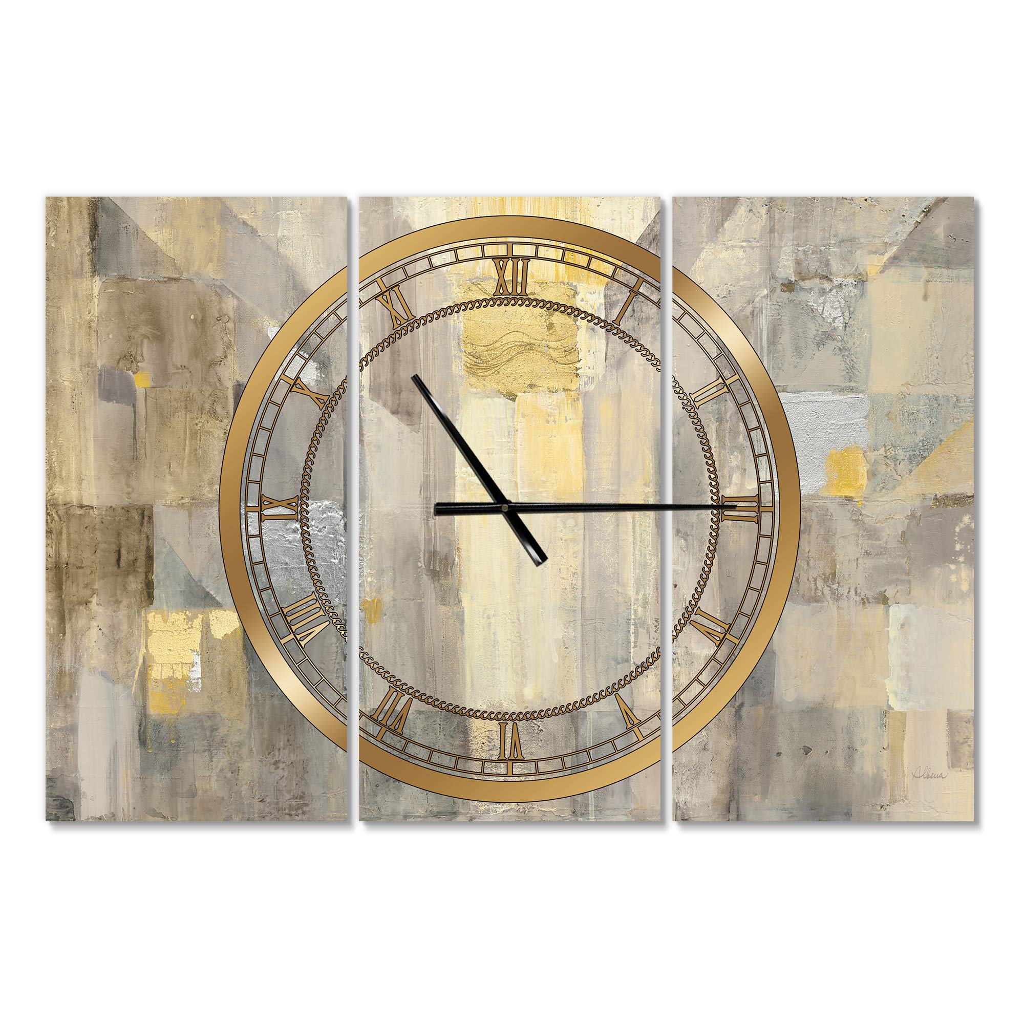 Designart Gold Square Watercolor Wall Art - Modern 3 Panel Decorative Metal Clock for Home, Living Room, Bedroom & Office | Elegant Wall Decor for Contemporary Spaces