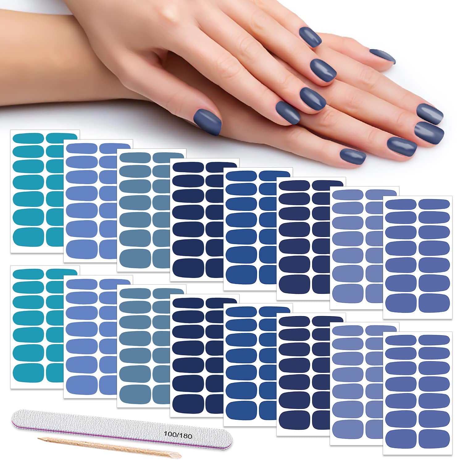 DANNEASY 16 Sheets Solid Color Nail Polish Strips - Self-Adhesive Nail Wraps for Women, Includes 1 Nail File & Cuticle Stick (Navy Blue) | Easy DIY Manicure at Home, Perfect for Parties & Special Occasions