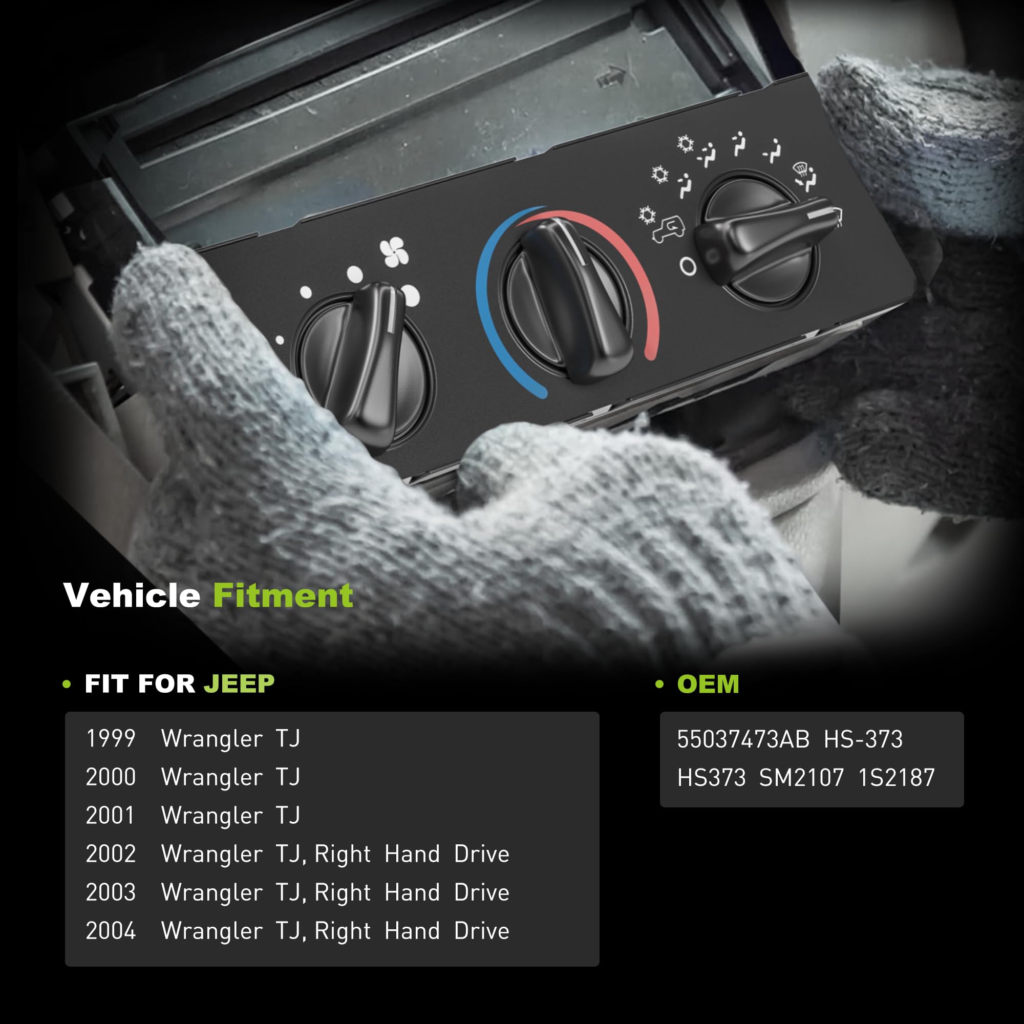 HVAC A/C Heater Climate Control Module Panel Switch with Blower Motor - Compatible with 1999-2004 Jeep Wrangler TJ Right Hand Drive (Part# 55037473AB HS-373) - Perfect for Off-Roading & Daily Commuting