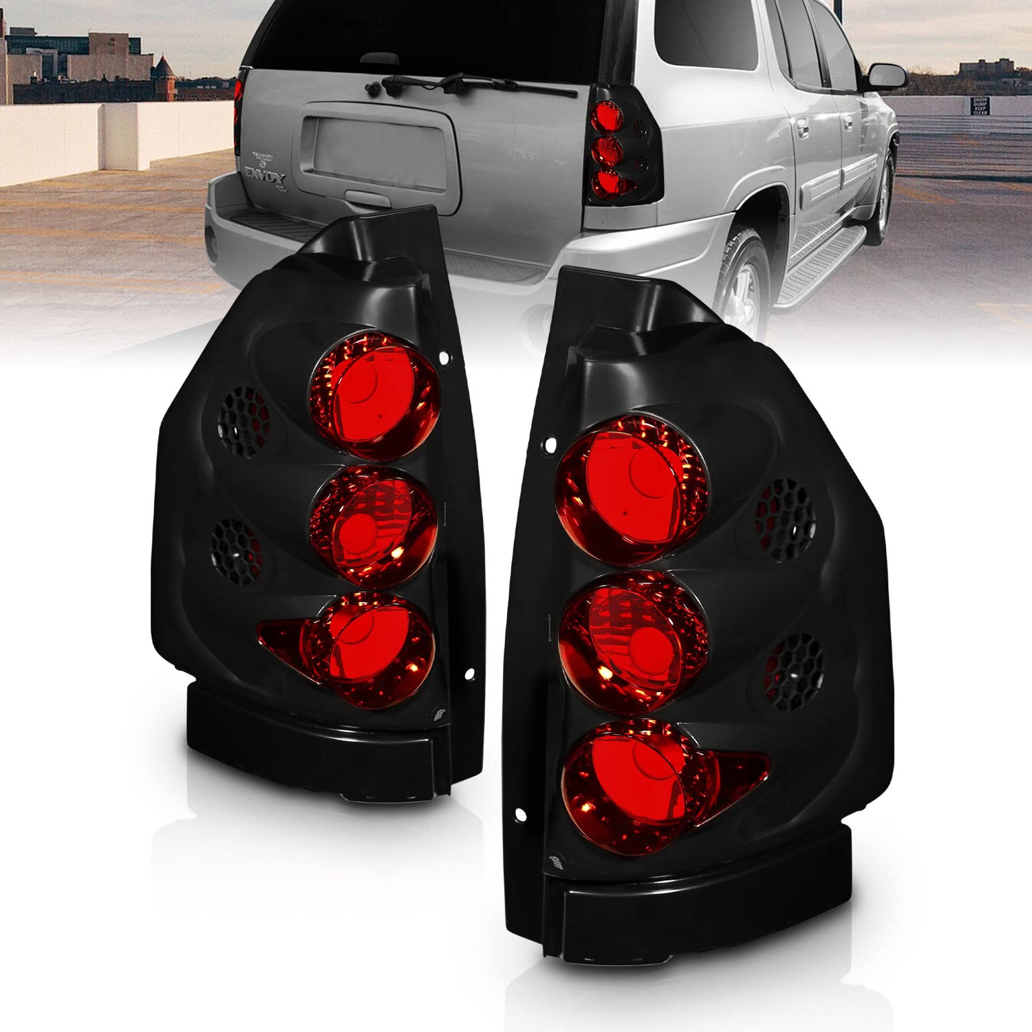 AmeriLite Black Euro Replacement Tail Lights for 2002-2009 GMC Envoy & 2002-2006 Envoy XL - Left & Right Side - Durable LED Brake Lights for Improved Visibility and Safety at Night