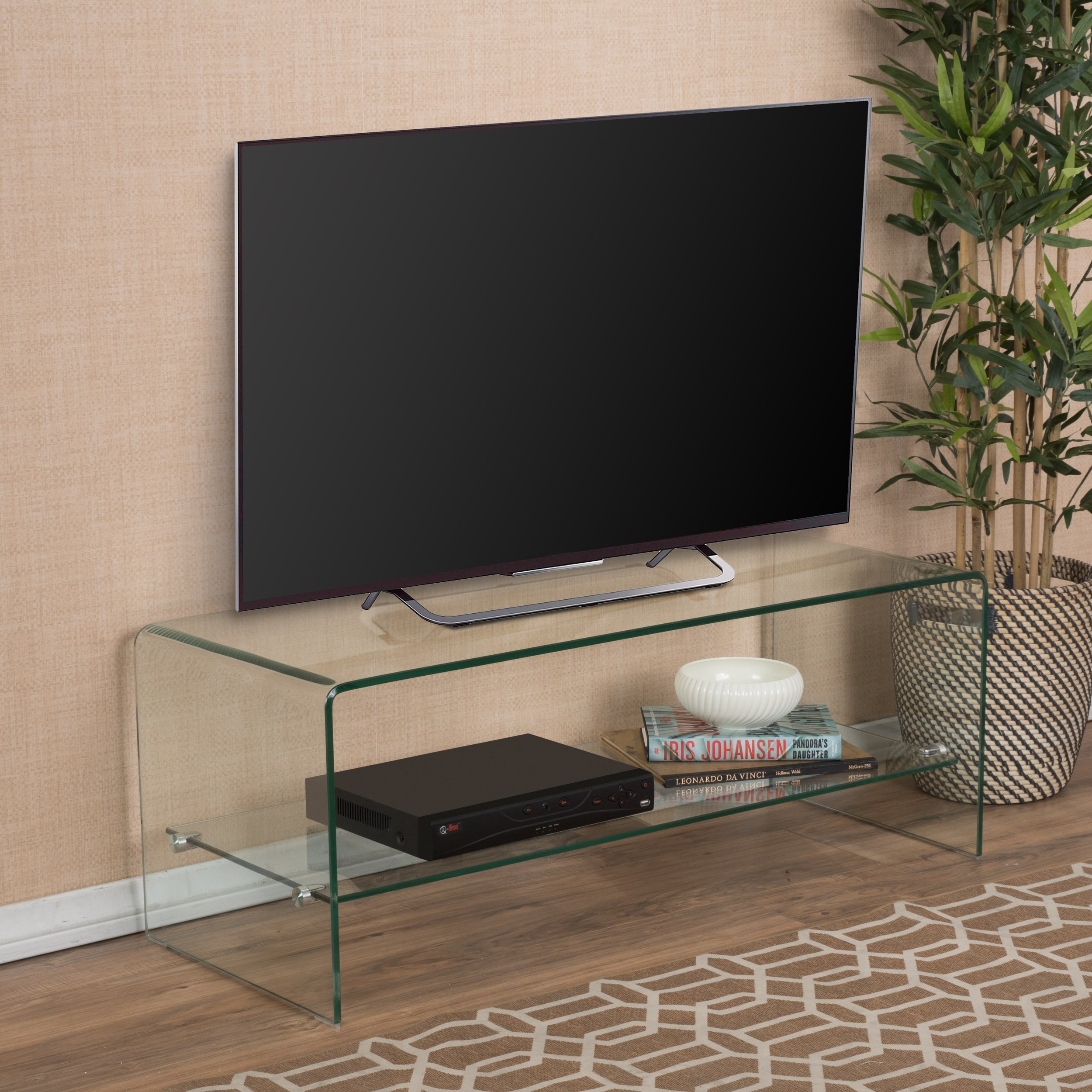 Christopher Knight Home Bartlet Tempered Glass TV Stand - Clear Modern Entertainment Center for Living Room, Bedroom & Home Theater
