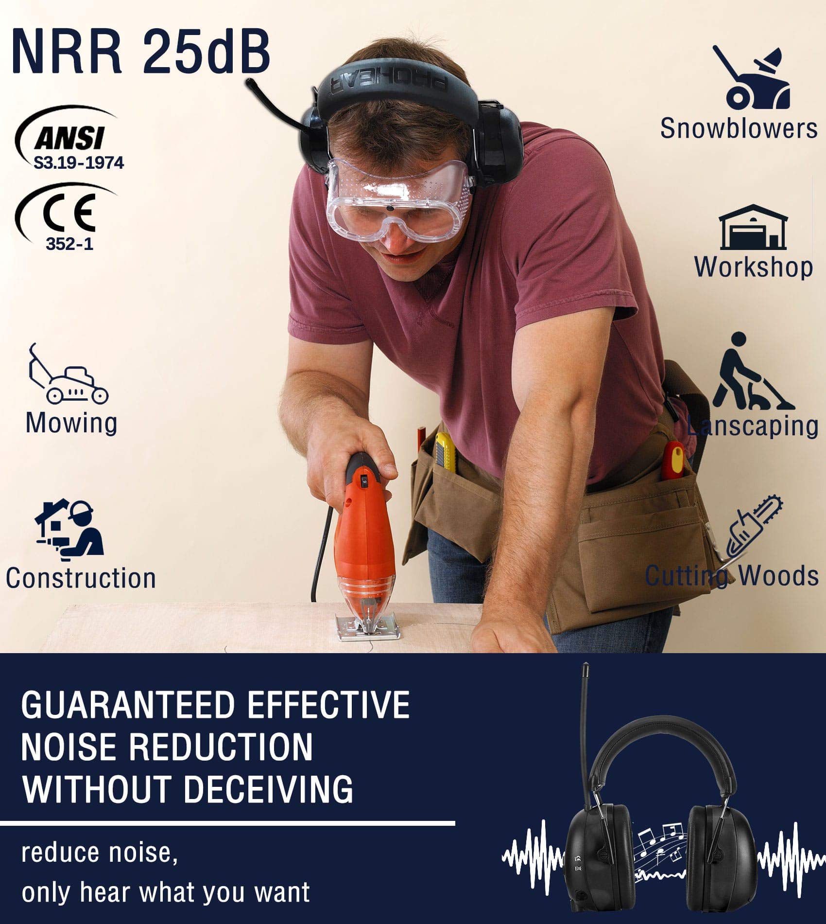 PROHEAR 033 Upgraded Bluetooth Hearing Protection Headphones with GEP01 Gel Ear Pads - Noise Cancelling Wireless Earmuffs for Shooting, Construction & Industrial Work (Compatible with 3M PELTOR Headsets)