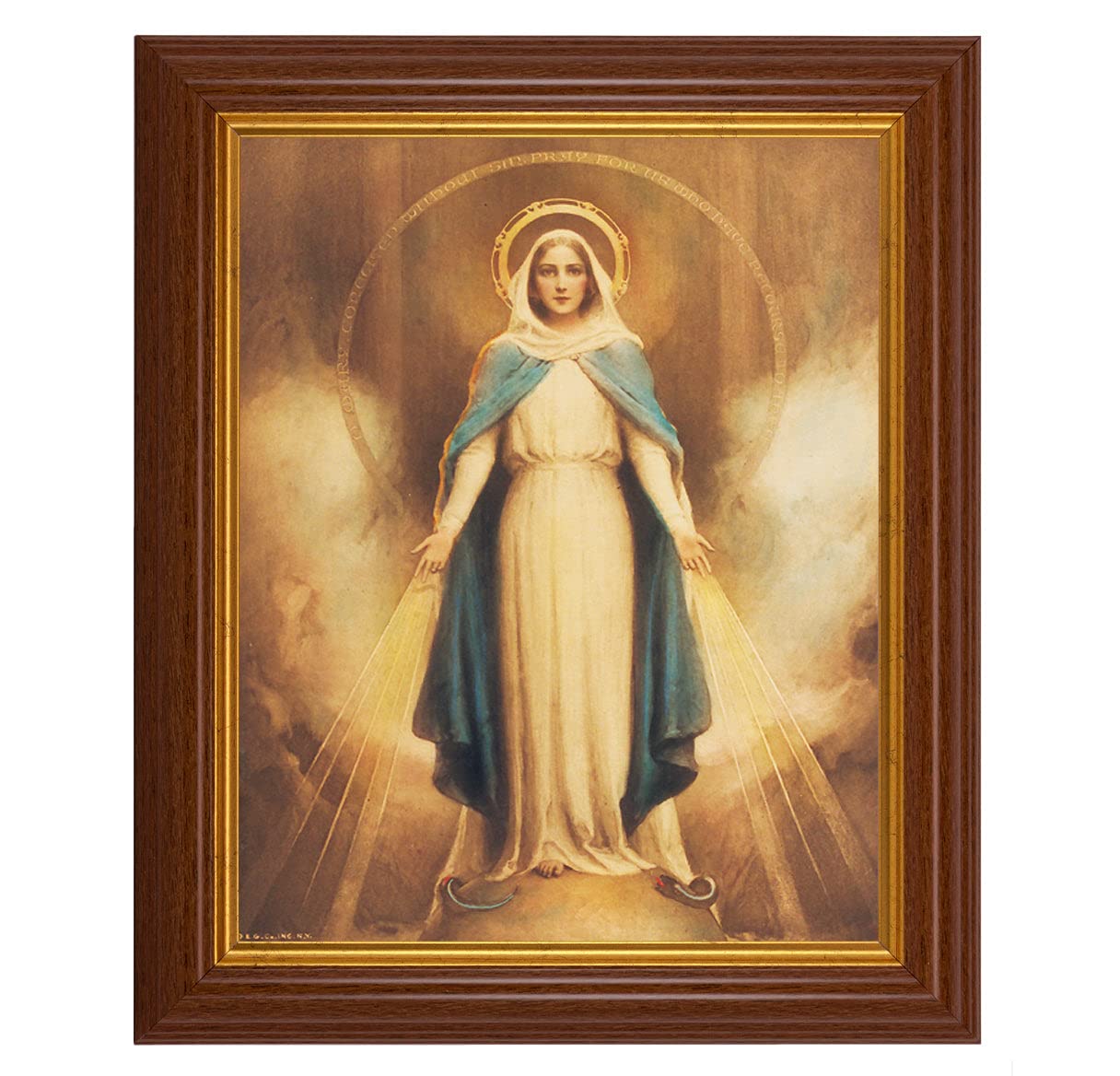 Miraculous Mary Framed Wall Art - Large Traditional Dark Walnut Fluted Frame with Gold Beaded Edge - Religious Home Decor for Living Room, Bedroom & Church