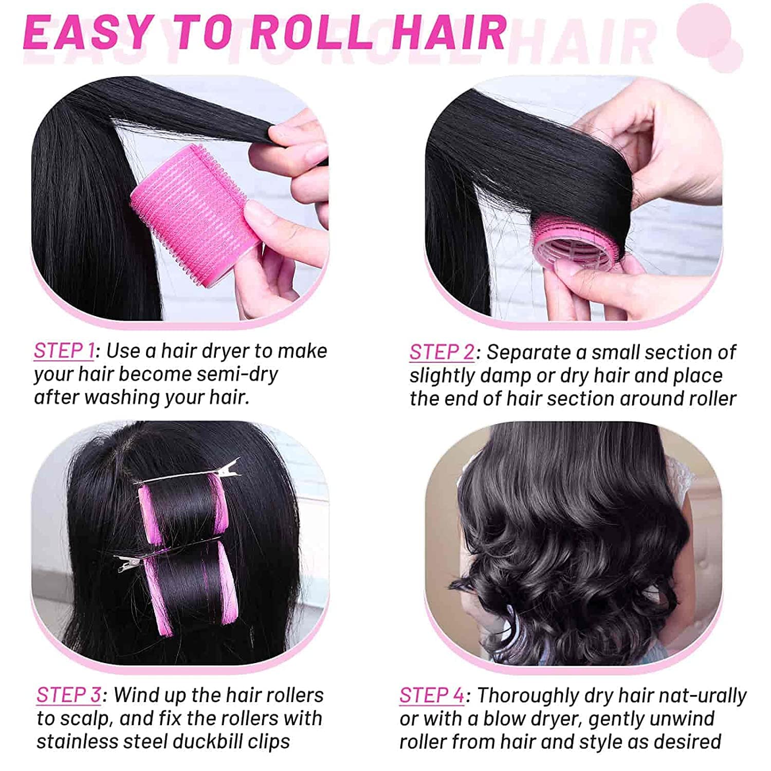 APOEM 6PCS Self-Grip Hair Rollers Set with 12 Stainless Steel Duckbill Clips - Large Hair Curlers for Women & Girls - Perfect for Salon-Quality Styling at Home, Parties & Special Occasions
