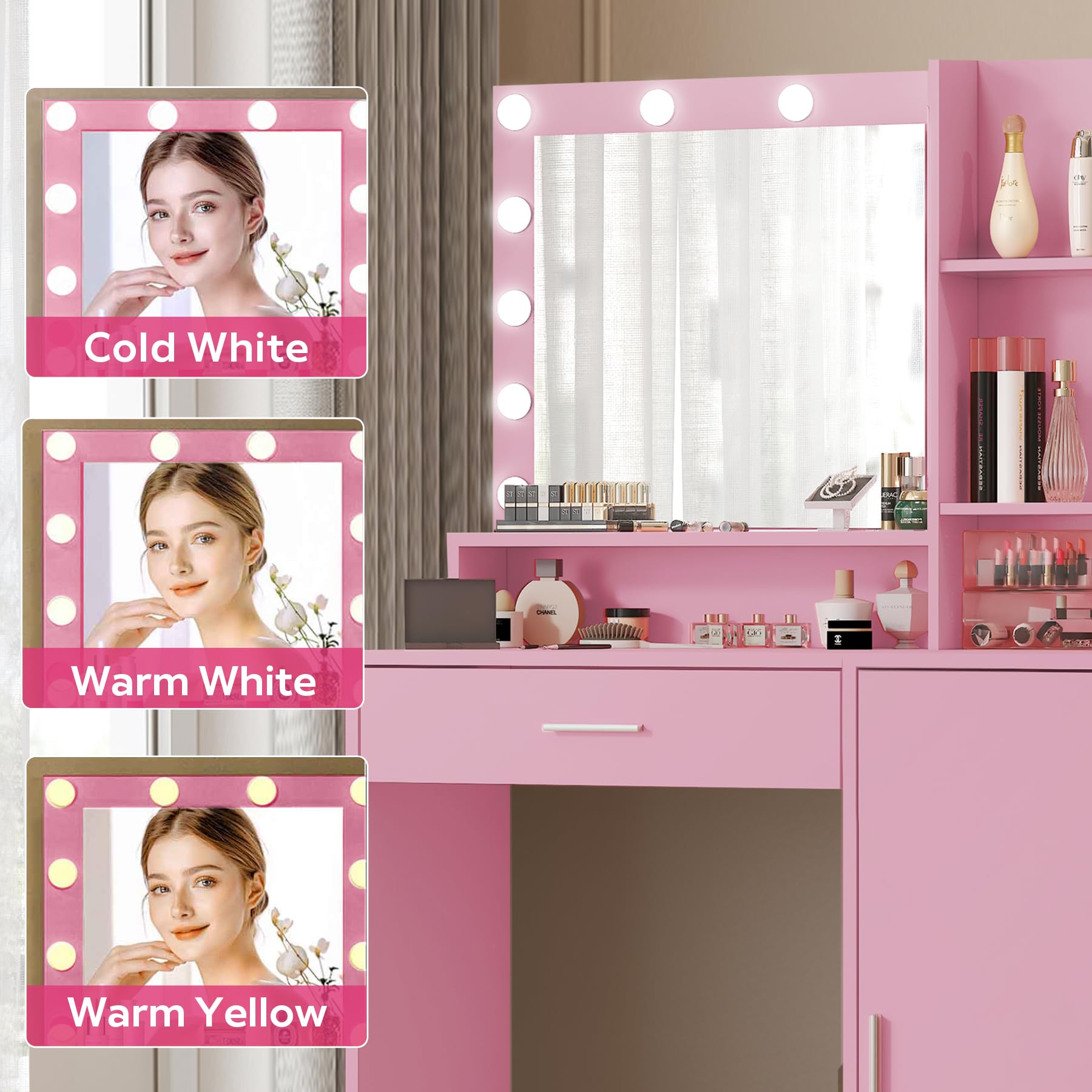 Vanity Desk with Mirror and Light - Large Drawer & 3-Tier Storage Dresser, 3 Adjustable Lighting Modes, Pink Makeup Dressing Table for Bedroom | Perfect for Makeup, Skincare & Jewelry Organization