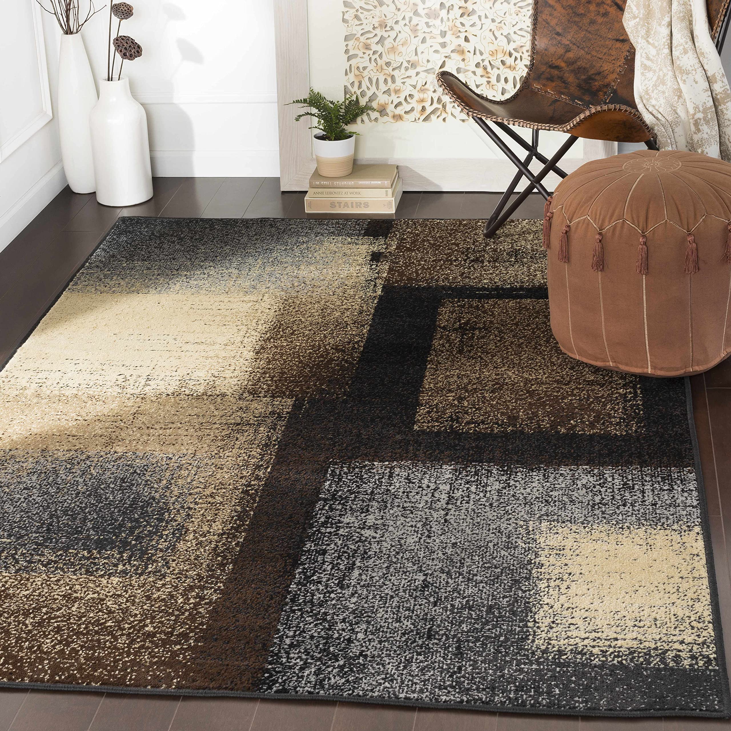 Modern Hauteloom Spraggs Area Rug for Living Room & Bedroom - Dark Brown, Black, Charcoal - 8'10