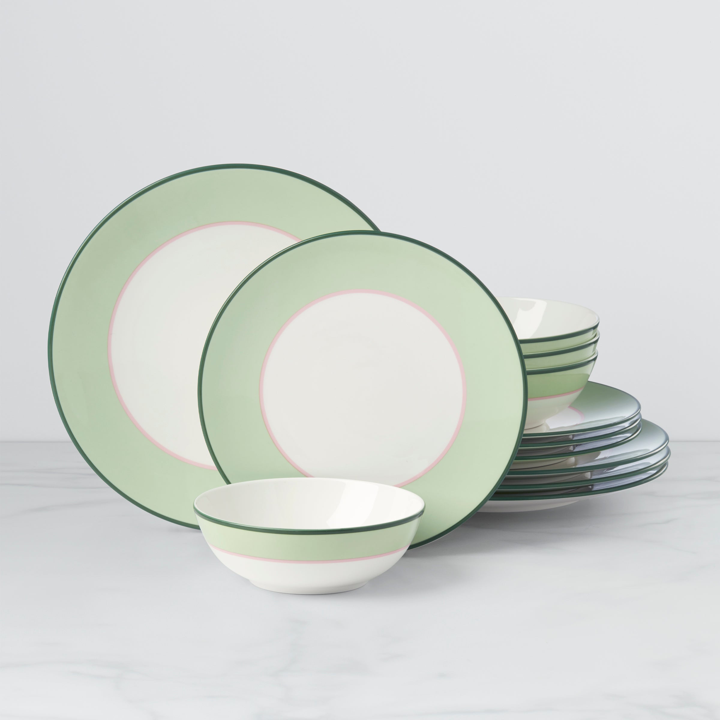 12-Piece Dinnerware Set in Green & Pink - Elegant Tableware for Everyday Meals, Dinner Parties & Special Occasions
