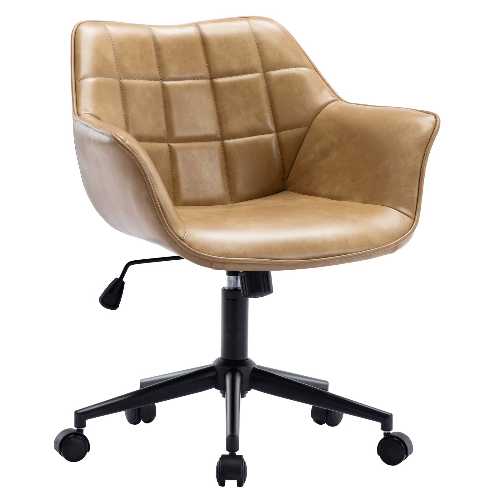 Duhome Modern Home Office Chair - Faux Leather Swivel Task Chair with Adjustable Height, Black Metal Base & Mid Back Arms (Camel) - Ergonomic Computer Desk Chair for Work, Gaming & Study
