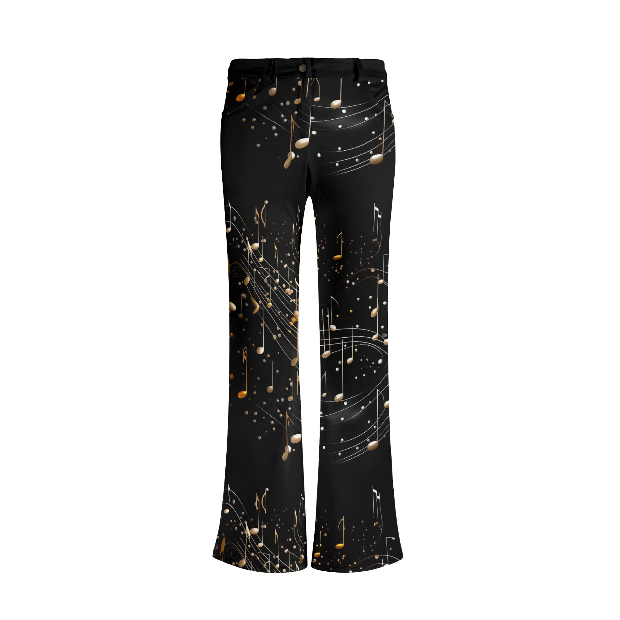Gold Music Flare Pants for Women - High Waisted 70s Retro Bell Bottom Trousers - Perfect for Concerts, Music Festivals & Vintage Fashion Outfits