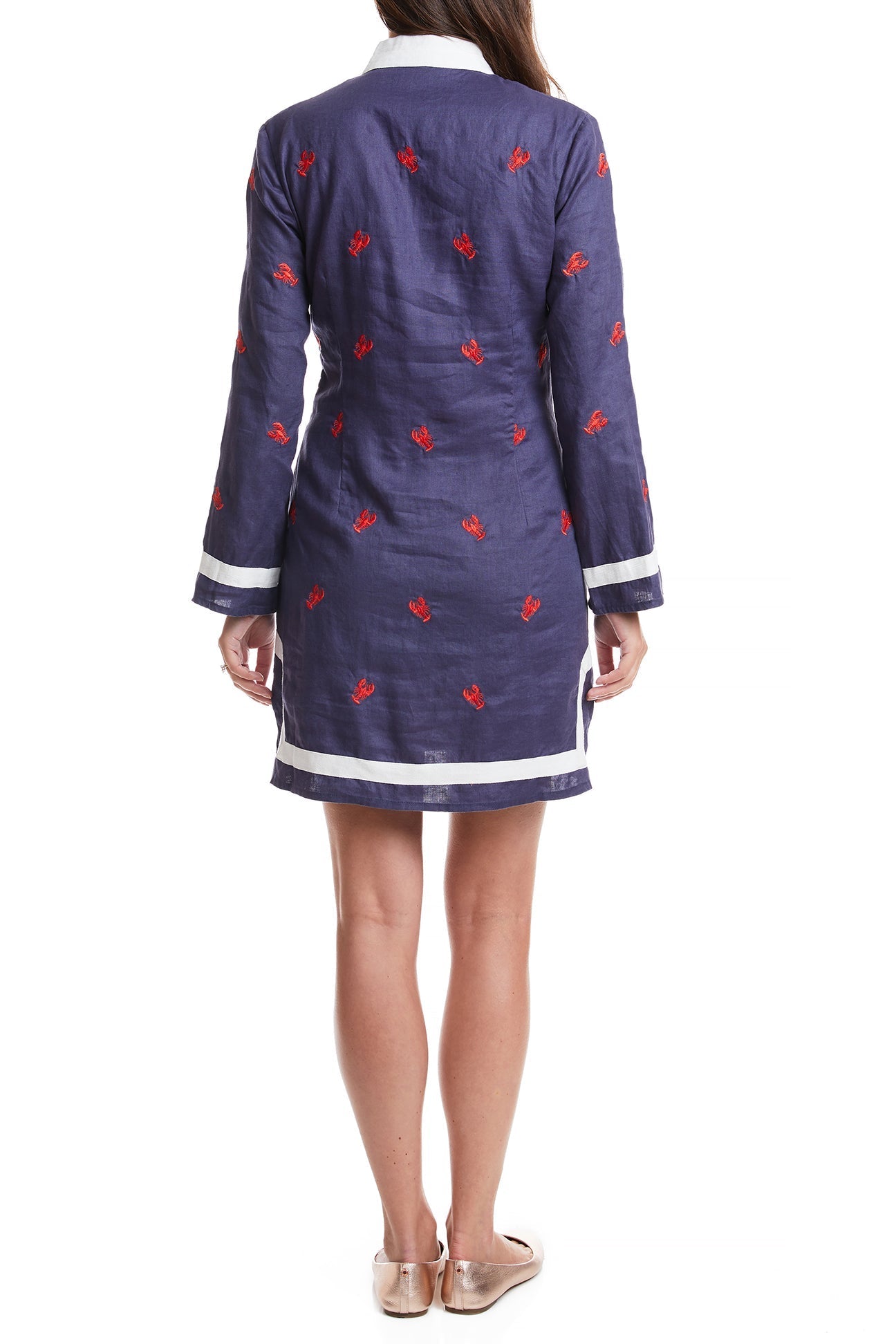Women's Navy Blue Linen Tunic Dress with Lobster Print - Casual Summer Beachwear & Boho Style Outfit for Vacations