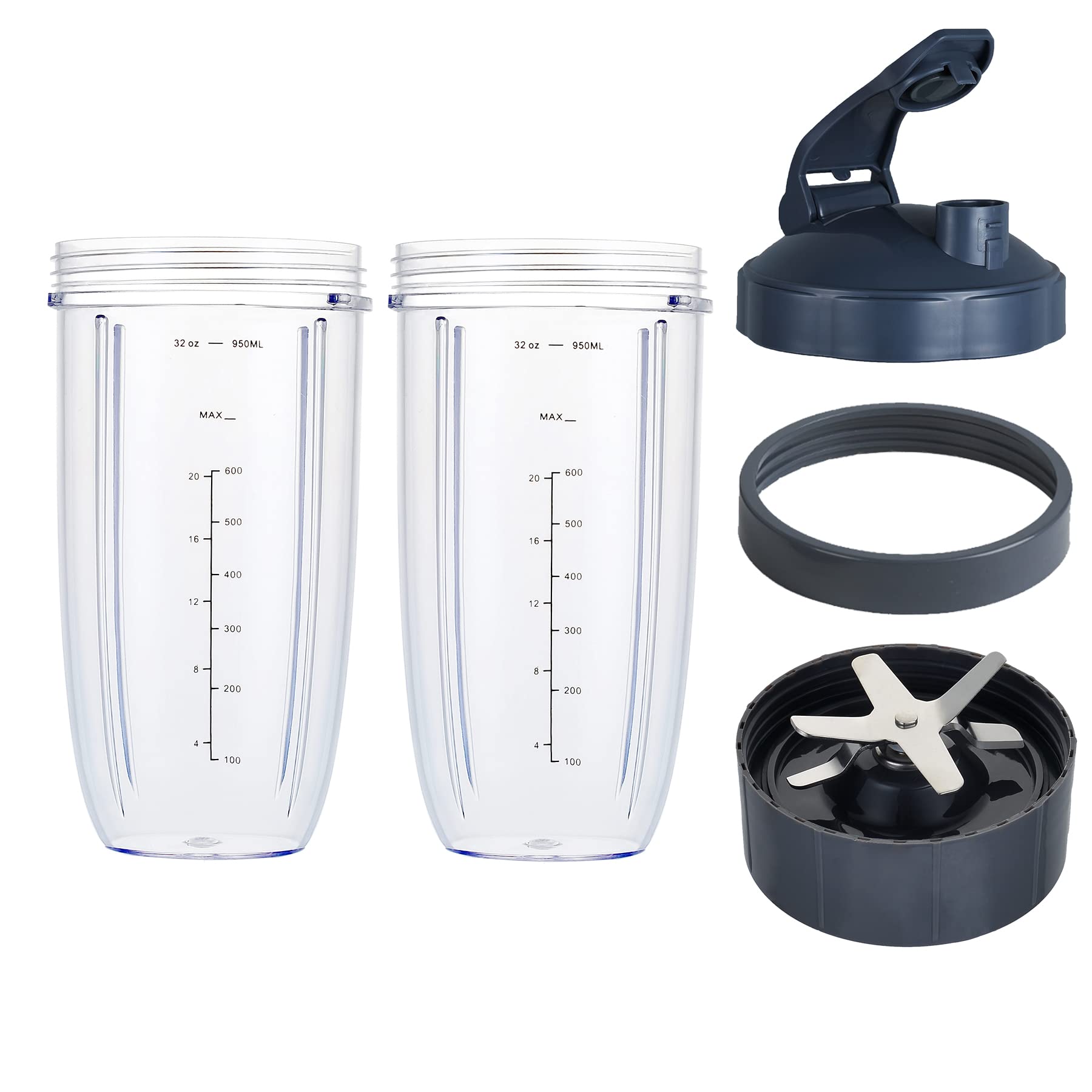 Nutribullet Blender Replacement Parts - 32OZ Cup with Flip Top Lid, Screw-Off Lip Ring & Premium Extractor Blade - Compatible with Nutribullet 600W 900W Blenders (5-Piece Set) - Perfect for Smoothies, Protein Shakes & Meal Prep at Home or On-The-Go